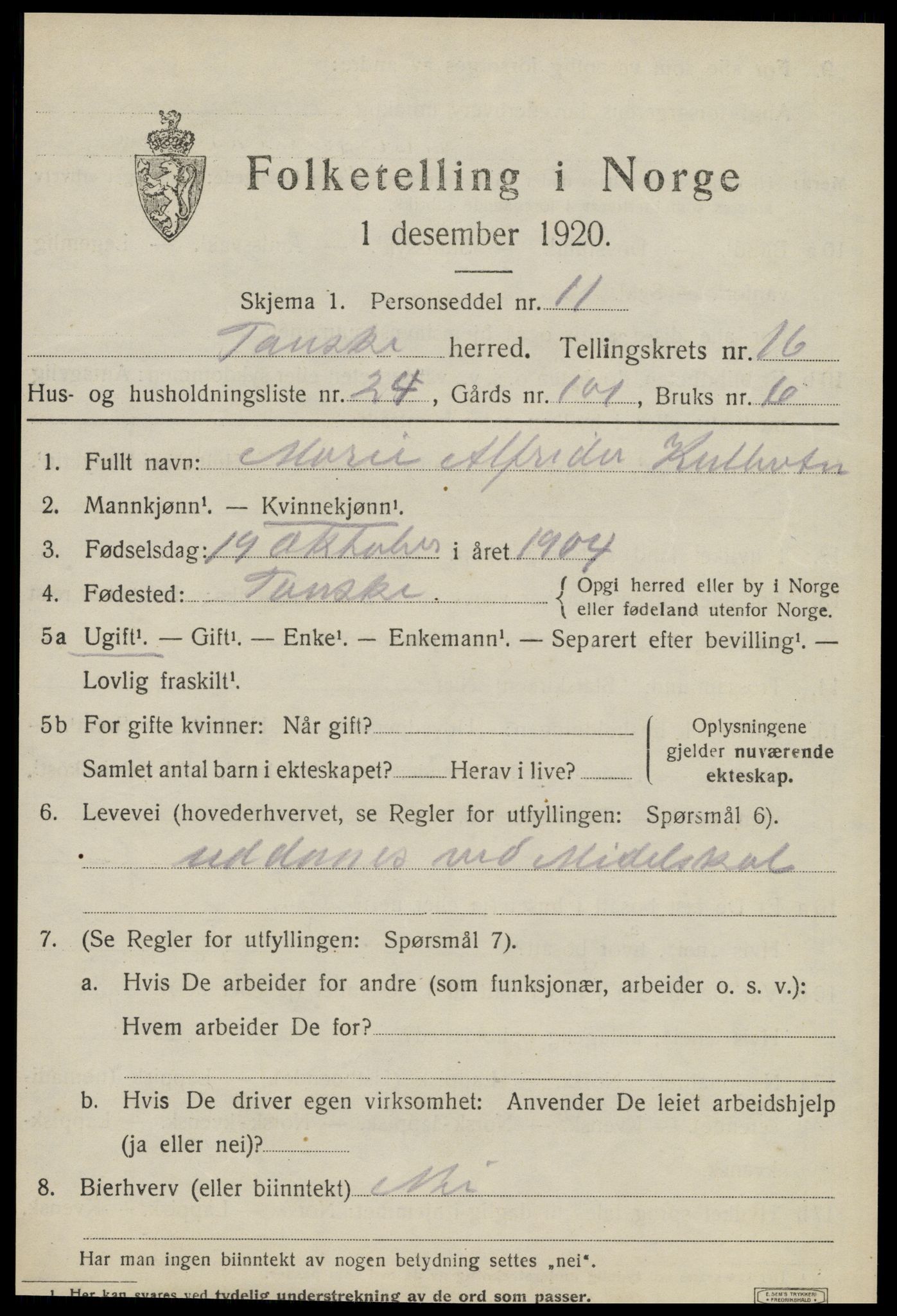 SAT, 1920 census for Fauske, 1920, p. 10114