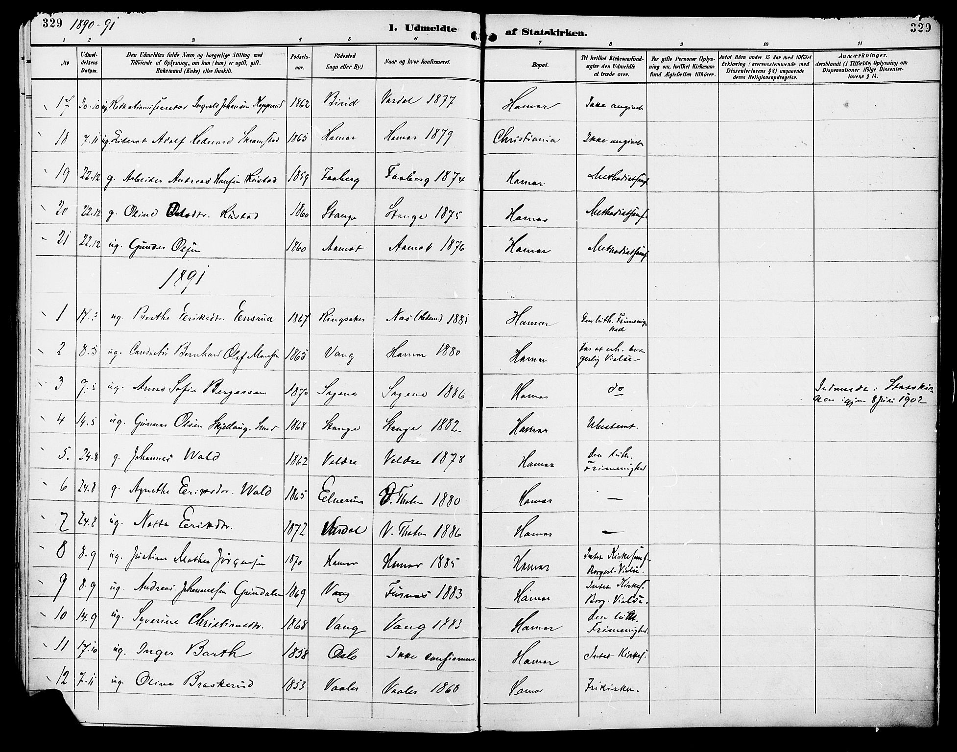 Vang prestekontor, Hedmark, SAH/PREST-008/H/Ha/Haa/L0017: Parish register (official) no. 17, 1890-1899, p. 329