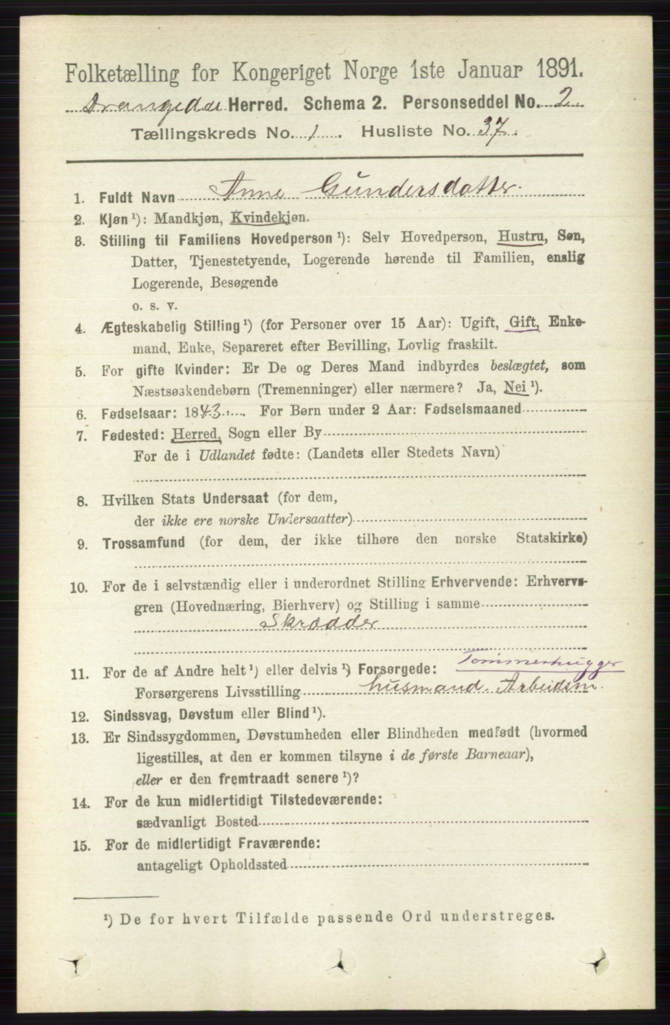 RA, 1891 census for 0817 Drangedal, 1891, p. 305