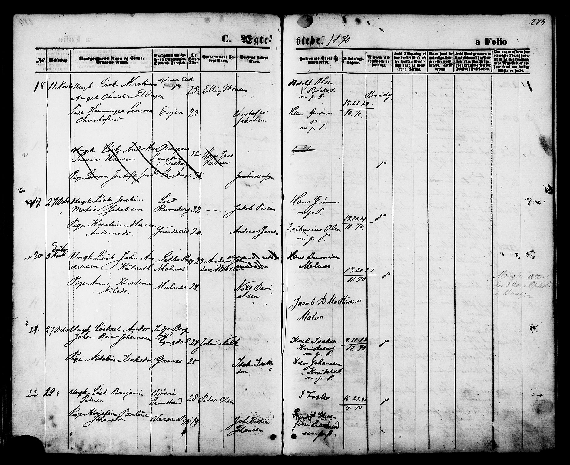 Ministerialprotokoller, klokkerbøker og fødselsregistre - Nordland, AV/SAT-A-1459/880/L1132: Parish register (official) no. 880A06, 1869-1887, p. 274