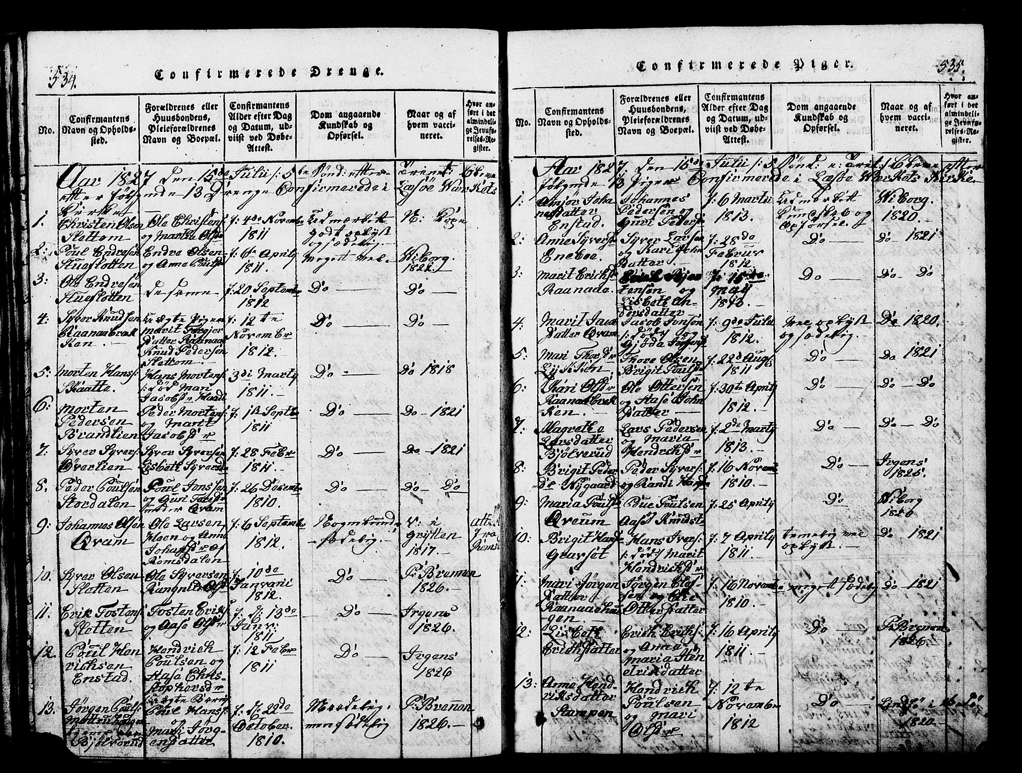 Lesja prestekontor, SAH/PREST-068/H/Ha/Hab/L0001: Parish register (copy) no. 1, 1820-1831, p. 534-535