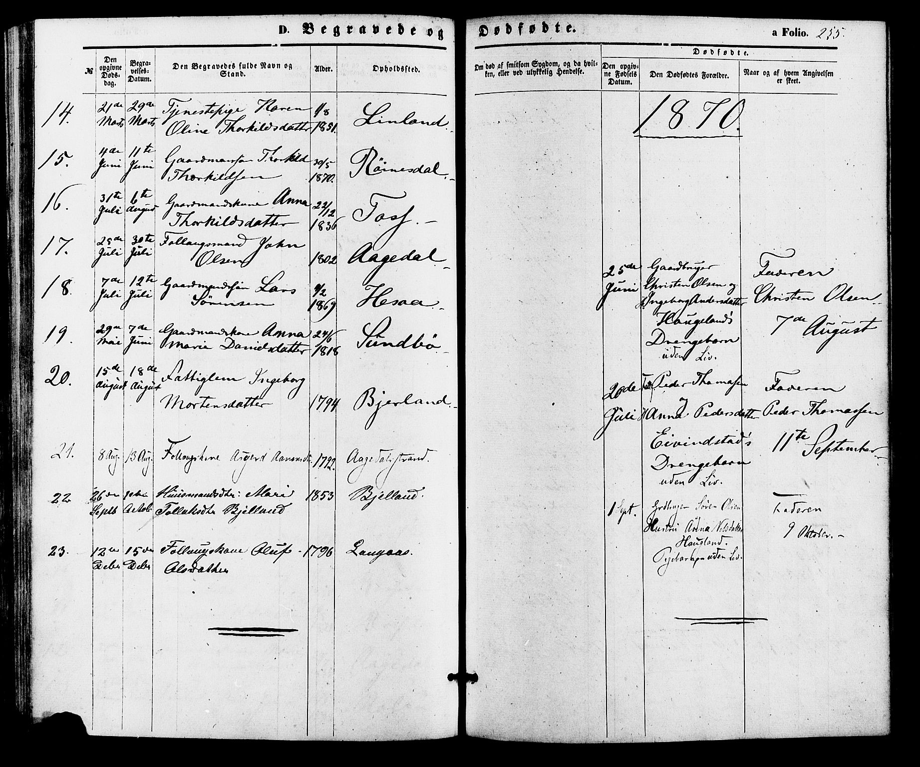 Bjelland sokneprestkontor, SAK/1111-0005/F/Fa/Faa/L0003: Parish register (official) no. A 3, 1867-1887, p. 255