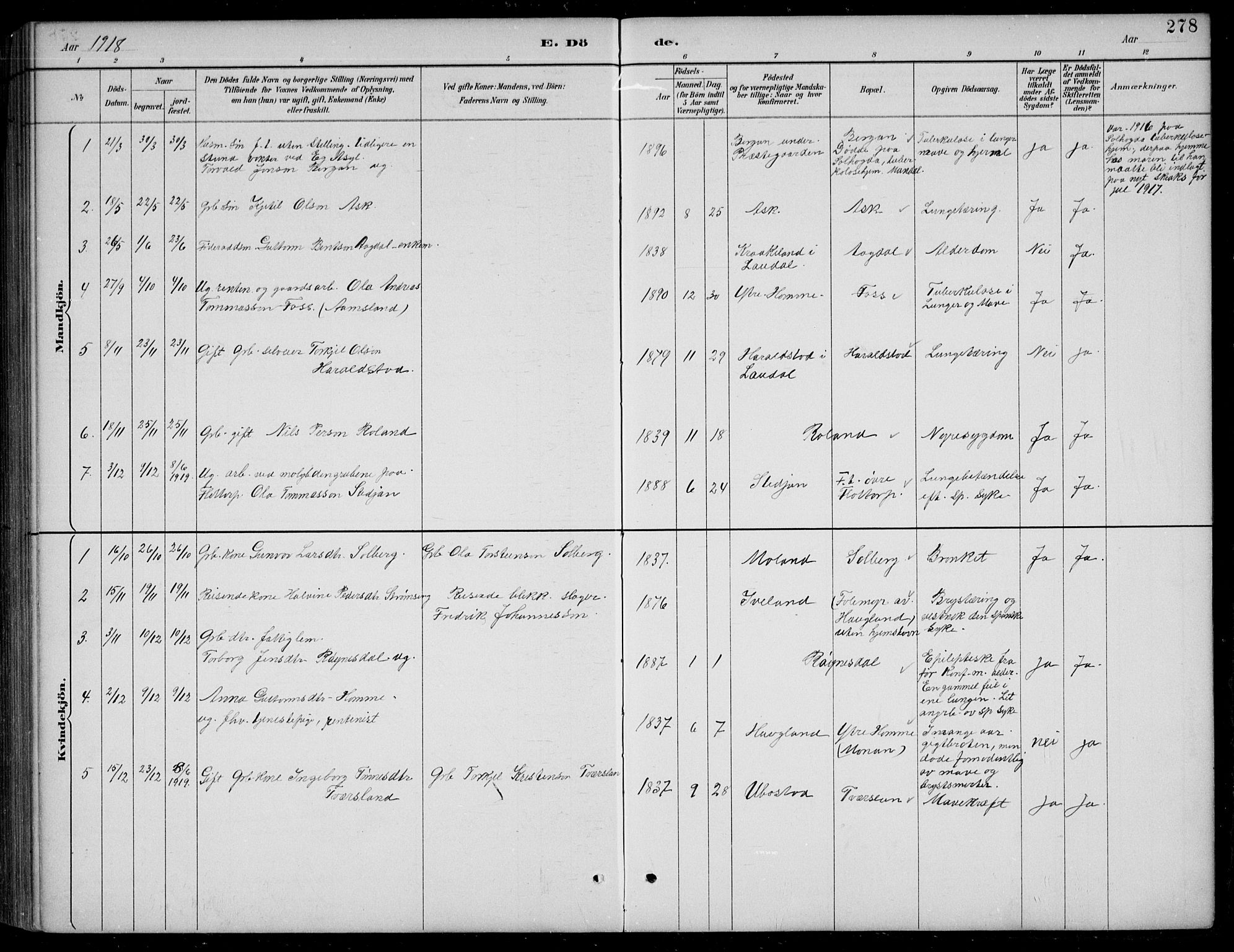 Bjelland sokneprestkontor, SAK/1111-0005/F/Fb/Fba/L0005: Parish register (copy) no. B 5, 1887-1923, p. 278