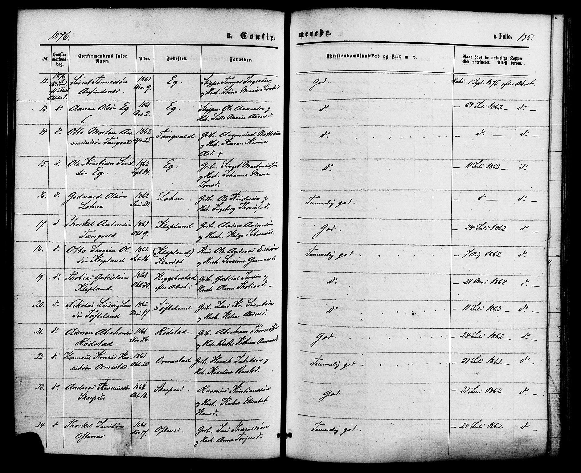 Søgne sokneprestkontor, SAK/1111-0037/F/Fa/Fab/L0011: Parish register (official) no. A 11, 1869-1879, p. 135