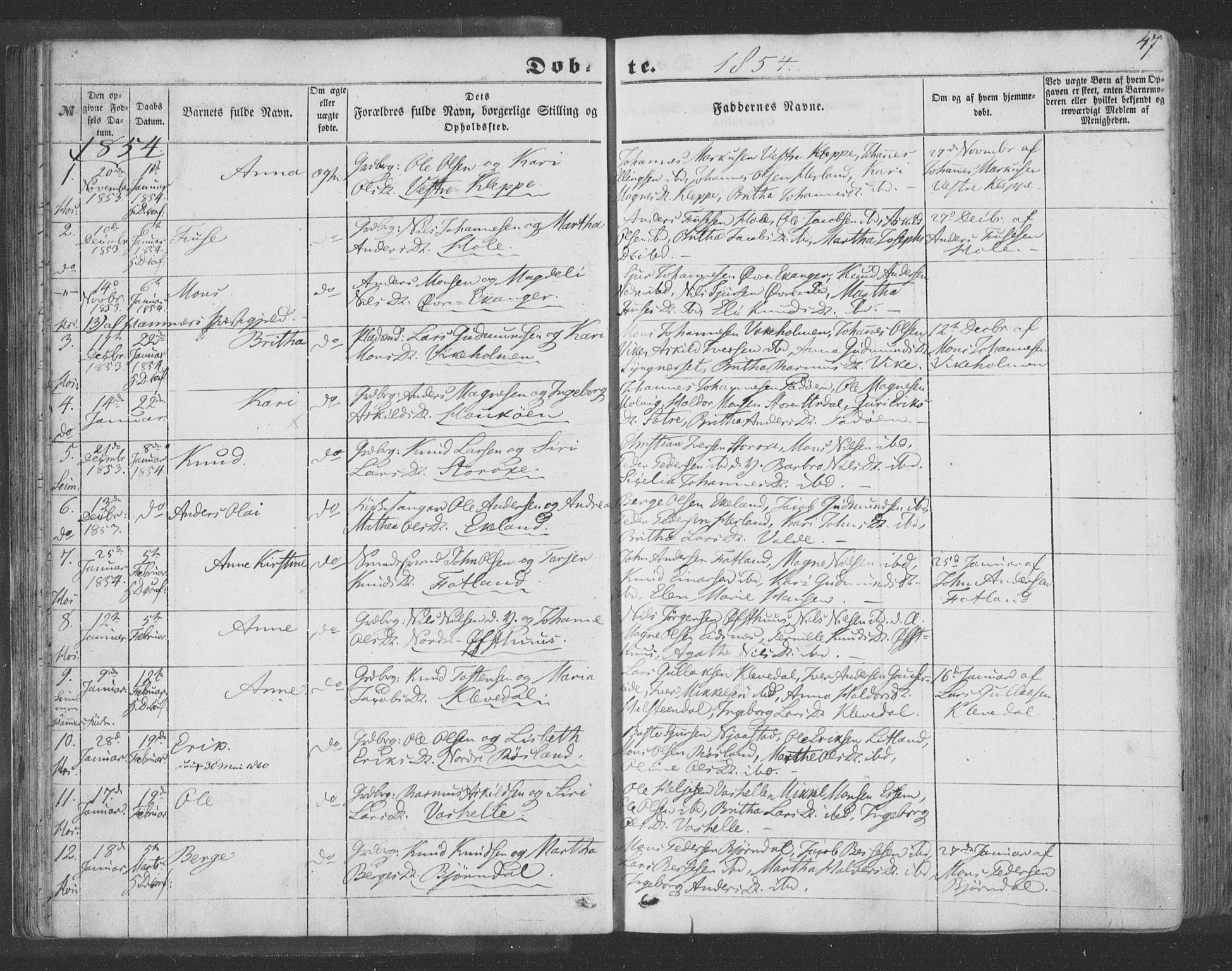 Hosanger sokneprestembete, SAB/A-75801/H/Haa: Parish register (official) no. A 8, 1849-1863, p. 47