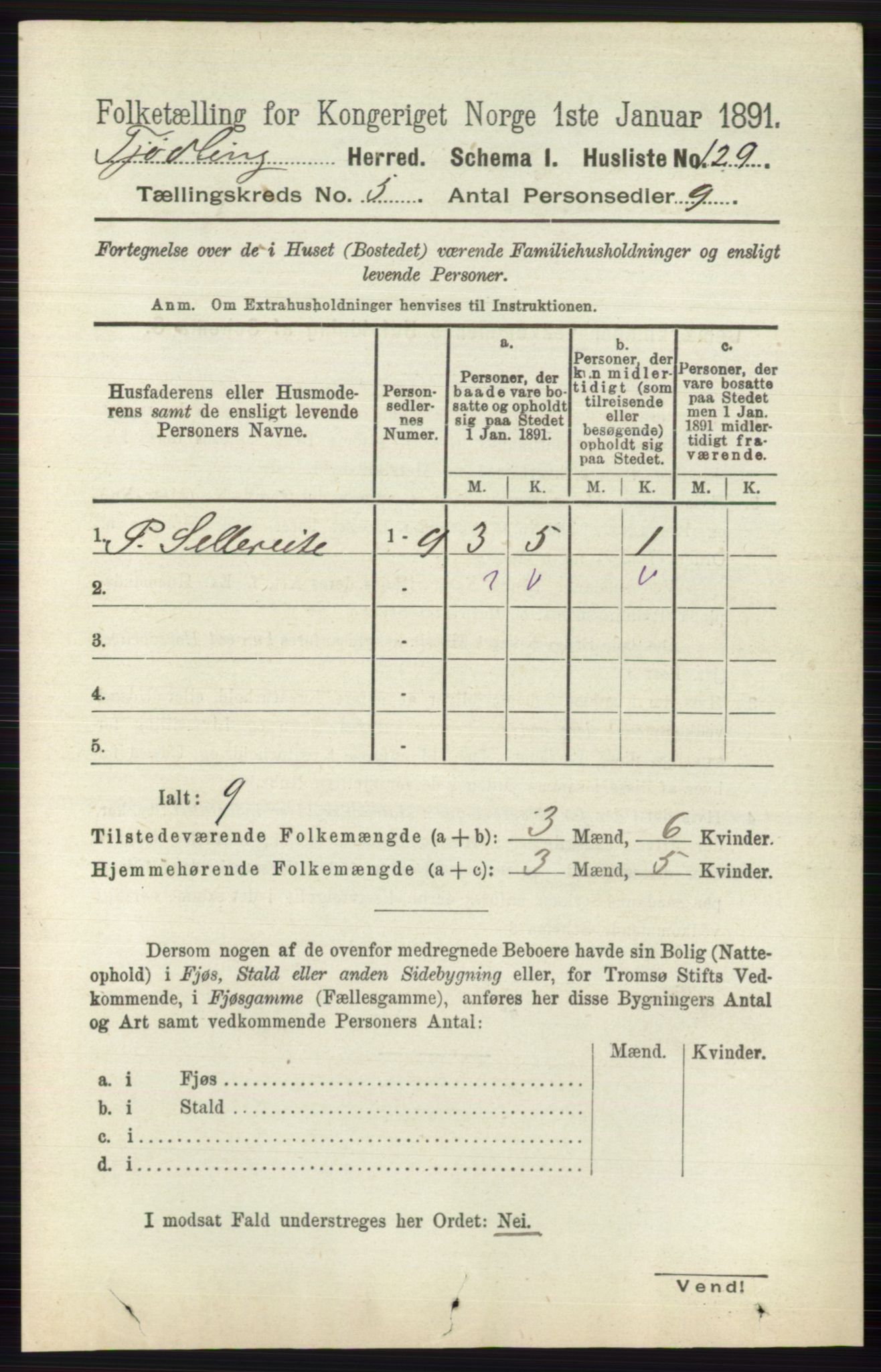 RA, 1891 census for 0725 Tjølling, 1891, p. 1964