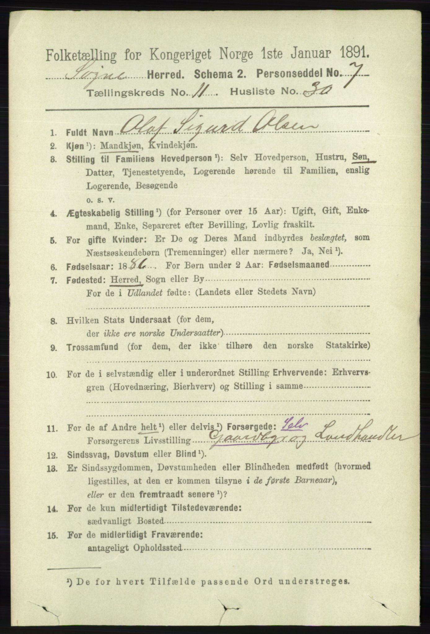 RA, 1891 census for 1018 Søgne, 1891, p. 3100