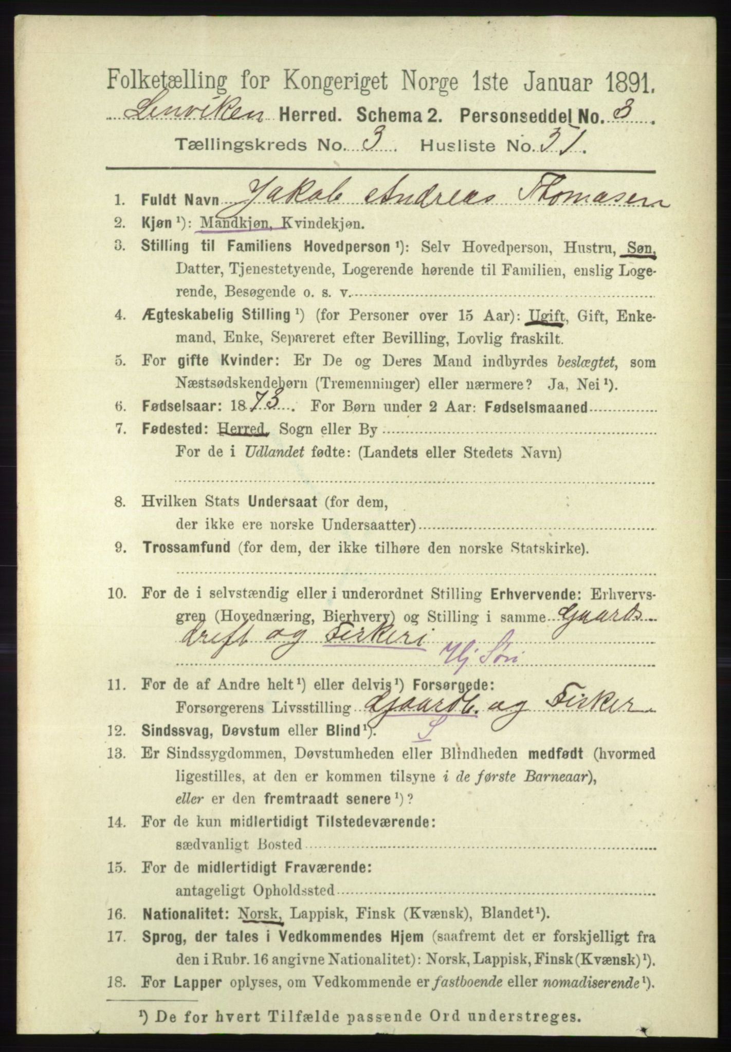 RA, 1891 census for 1931 Lenvik, 1891, p. 1695