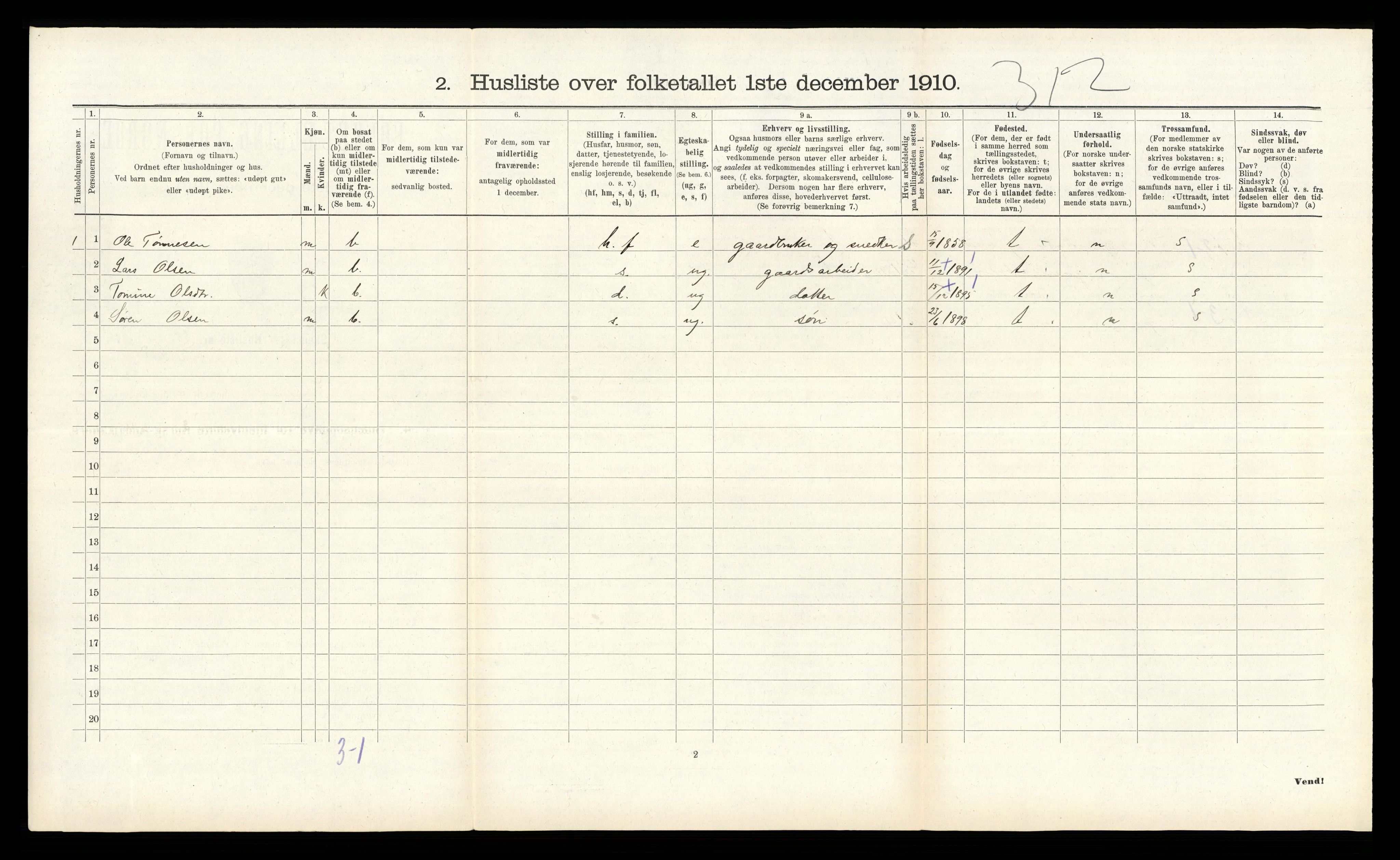 RA, 1910 census for Grindheim, 1910, p. 140