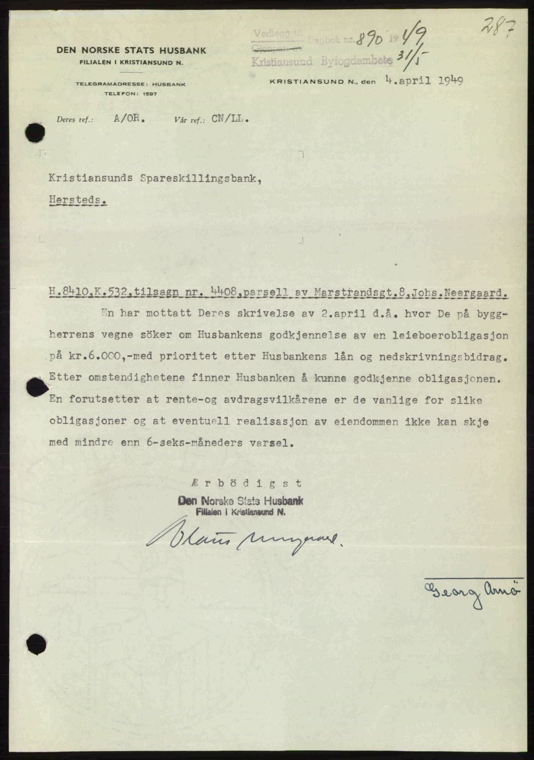 Kristiansund byfogd, AV/SAT-A-4587/A/27: Mortgage book no. 45, 1948-1949, Diary no: : 890/1949