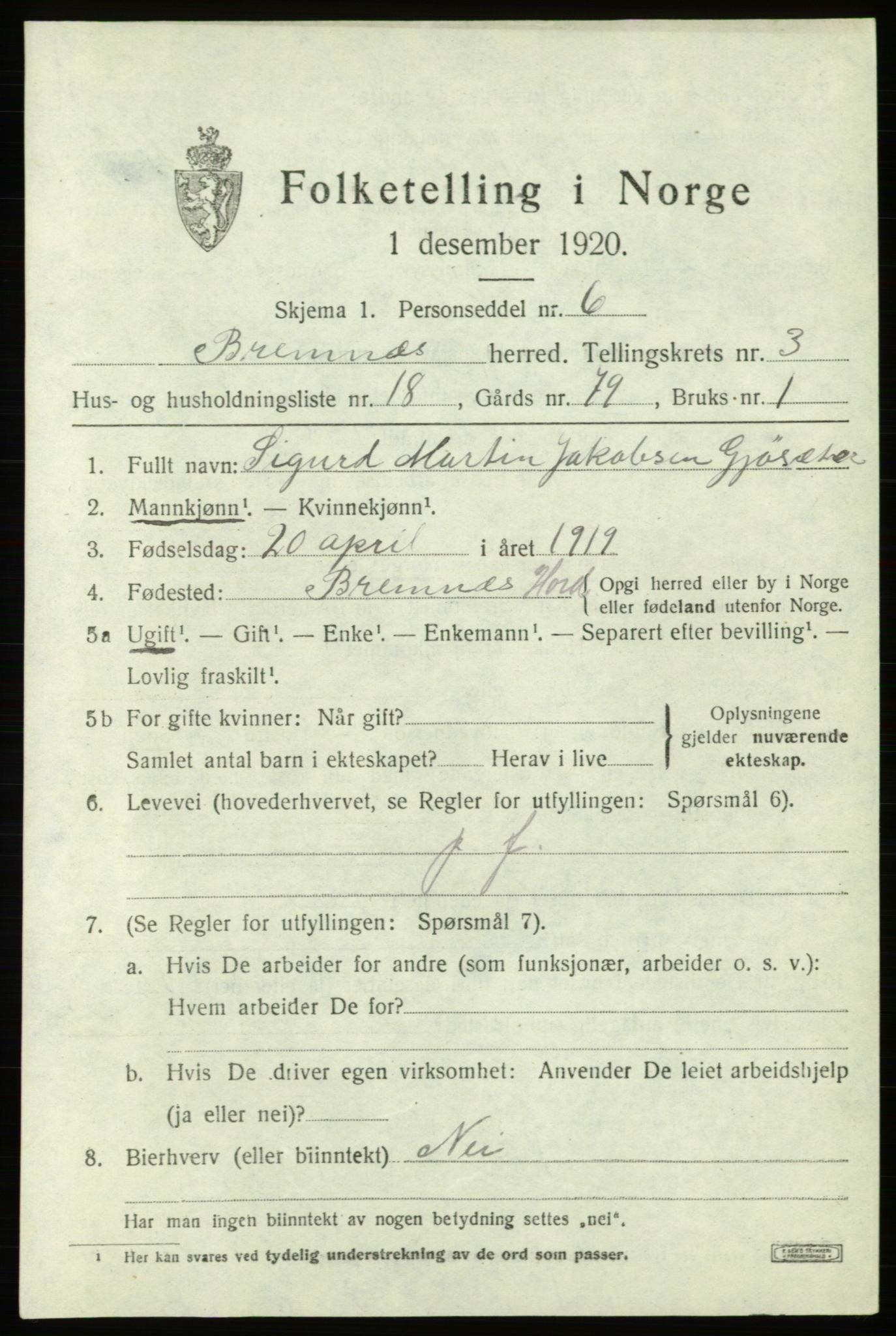 SAB, 1920 census for Bremnes, 1920, p. 1786