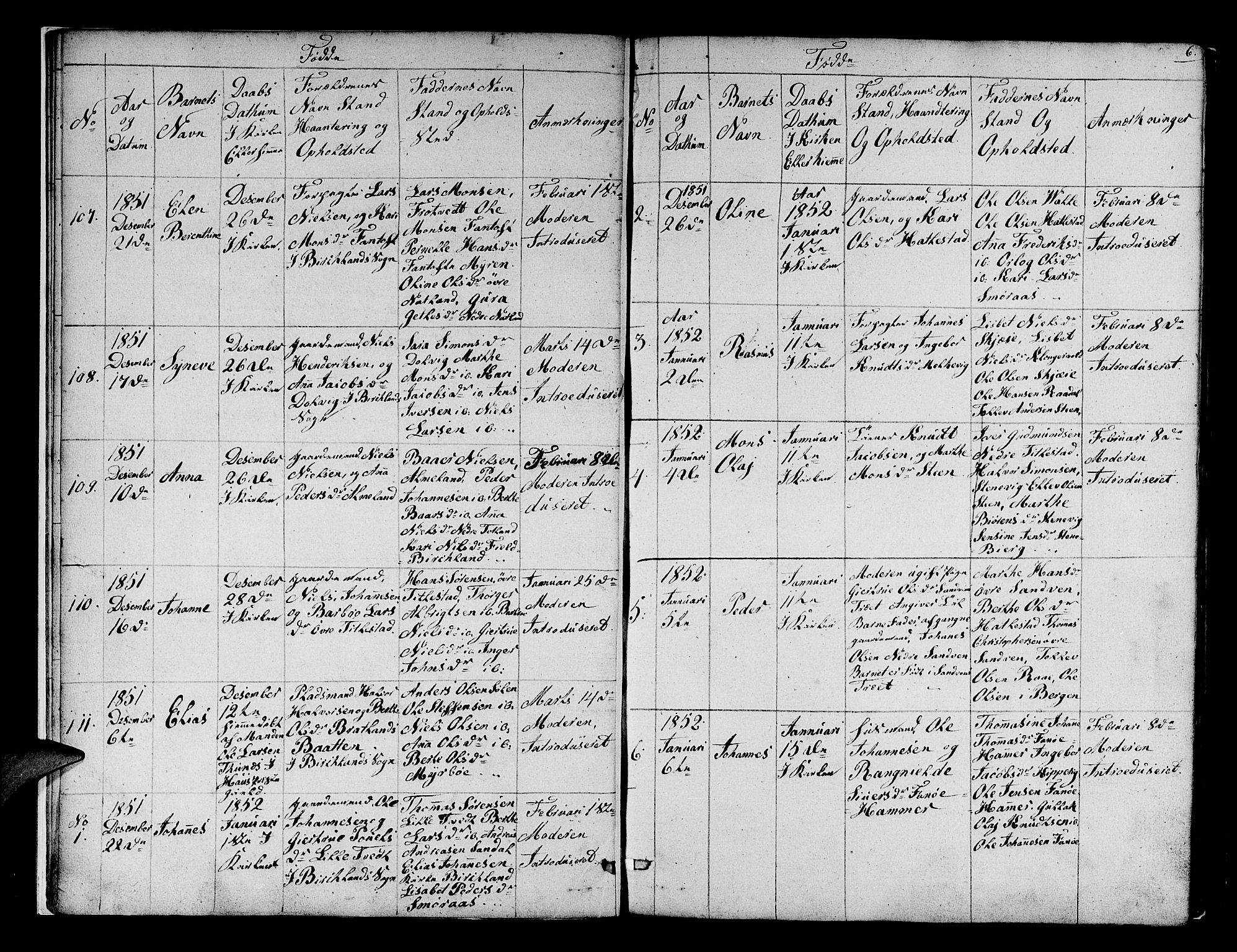 Fana Sokneprestembete, SAB/A-75101/H/Hab/Habb/L0002: Parish register (copy) no. B 2, 1851-1860, p. 6