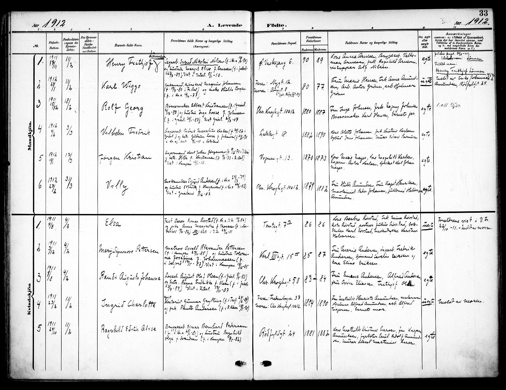 Vaterland prestekontor Kirkebøker, AV/SAO-A-10880/F/Fa/L0001: Parish register (official) no. 1, 1907-1930, p. 33