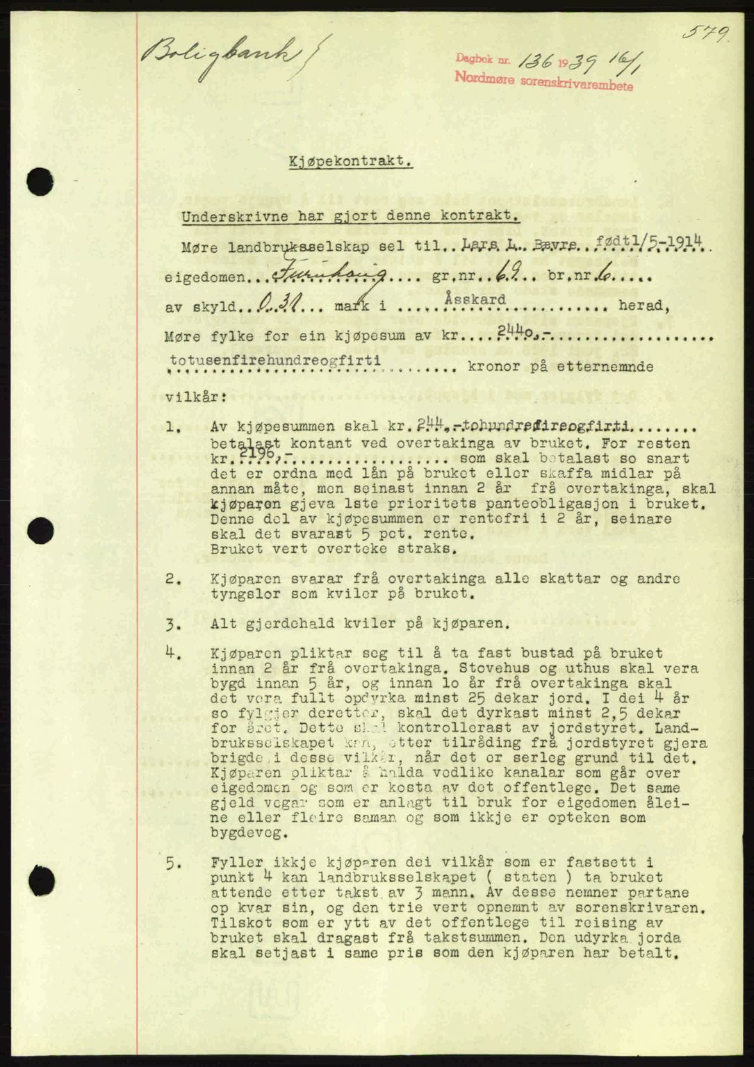 Nordmøre sorenskriveri, SAT/A-4132/1/2/2Ca: Mortgage book no. B84, 1938-1939, Diary no: : 136/1939