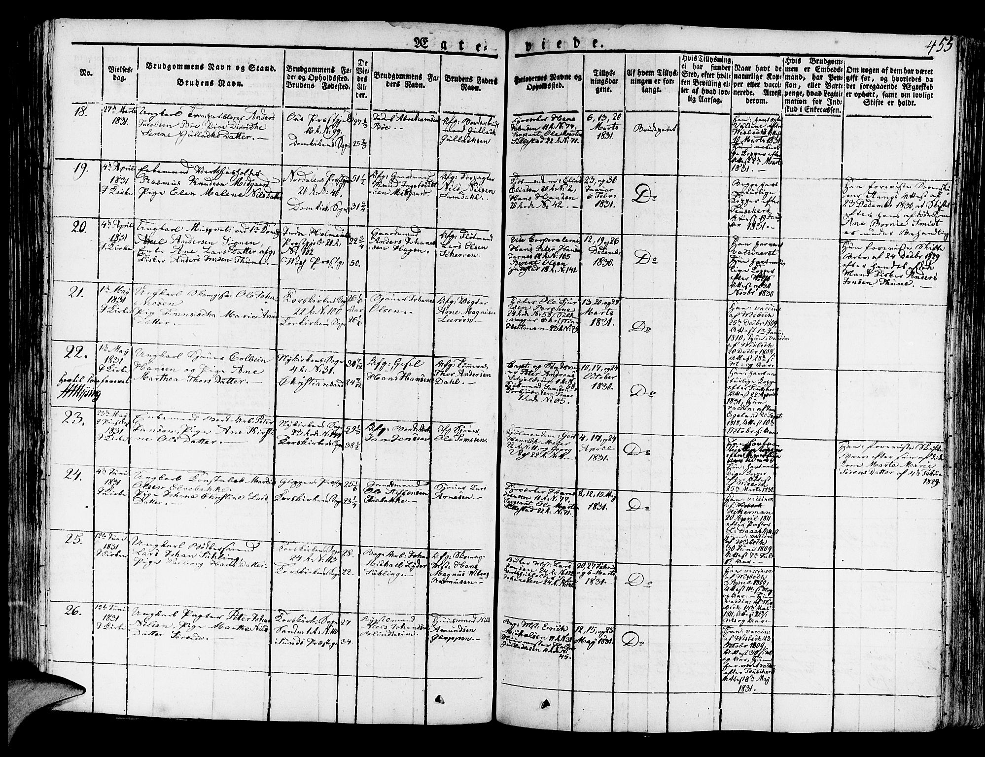 Korskirken sokneprestembete, AV/SAB-A-76101/H/Haa/L0014: Parish register (official) no. A 14, 1823-1835, p. 455