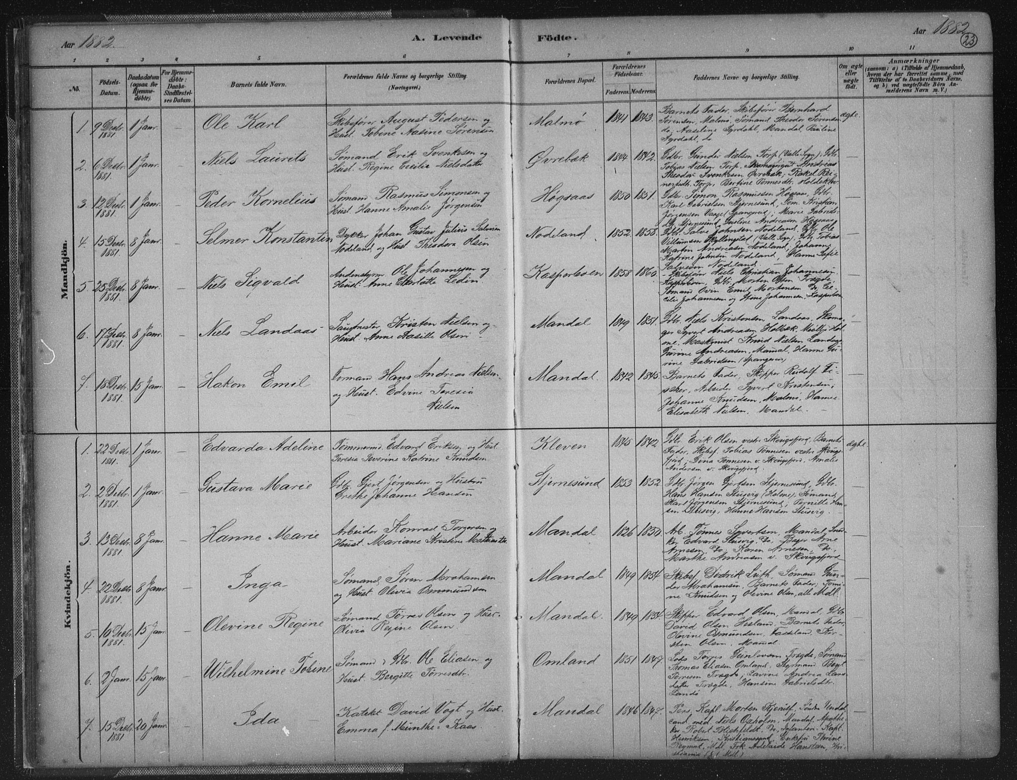 Mandal sokneprestkontor, SAK/1111-0030/F/Fb/Fba/L0011: Parish register (copy) no. B 5, 1880-1898, p. 23