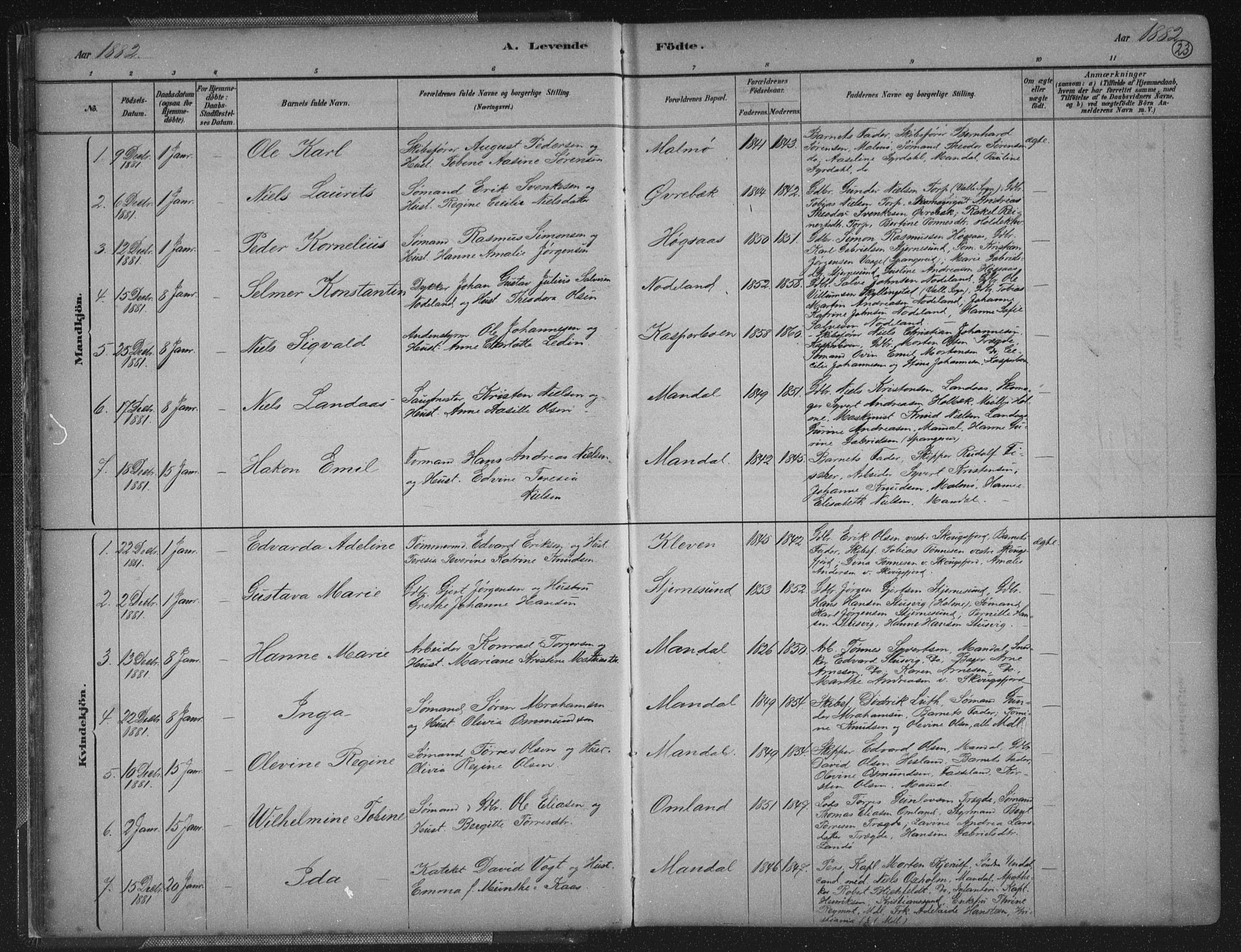 Mandal sokneprestkontor, AV/SAK-1111-0030/F/Fb/Fba/L0011: Parish register (copy) no. B 5, 1880-1898, p. 23