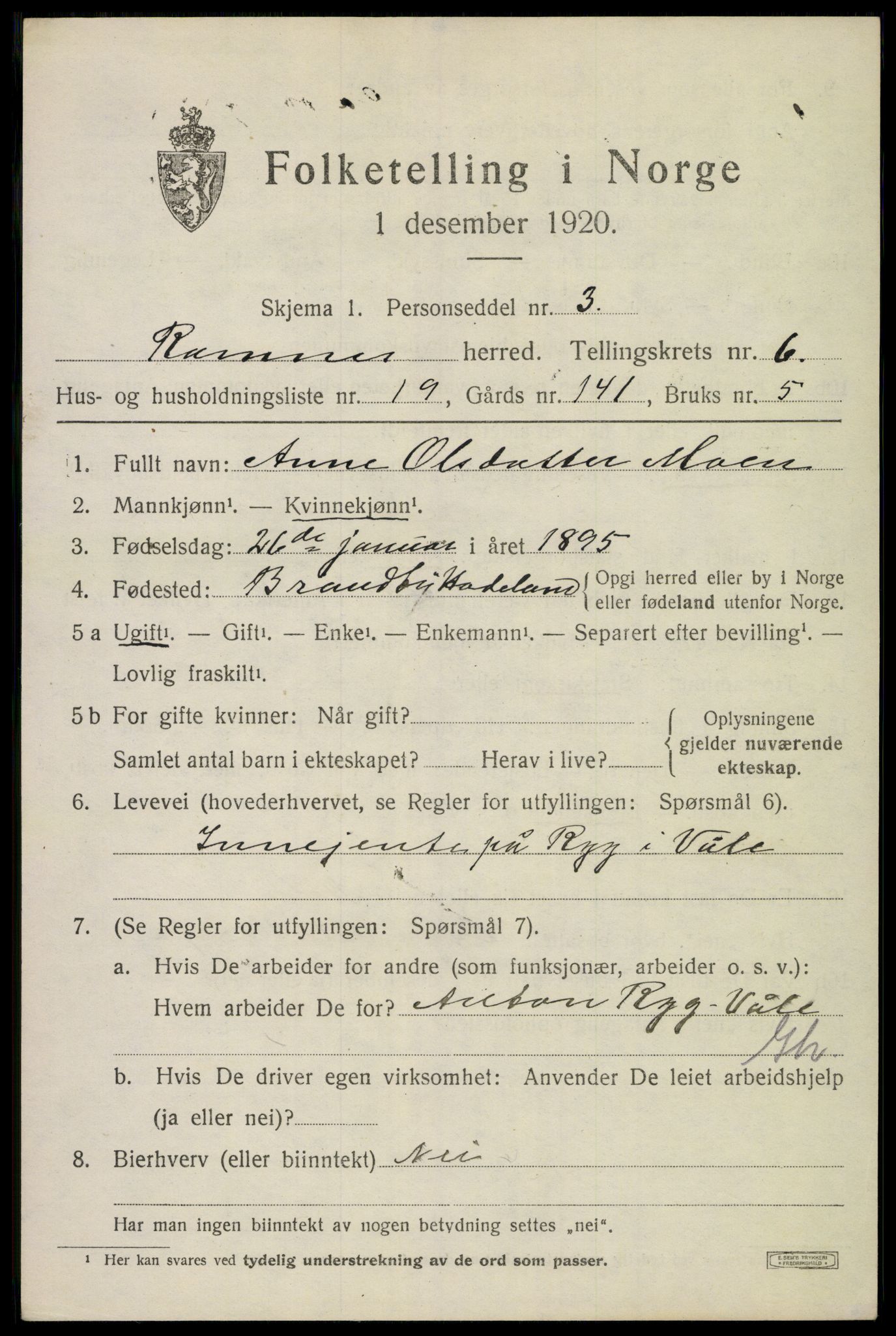 SAKO, 1920 census for Ramnes, 1920, p. 6368