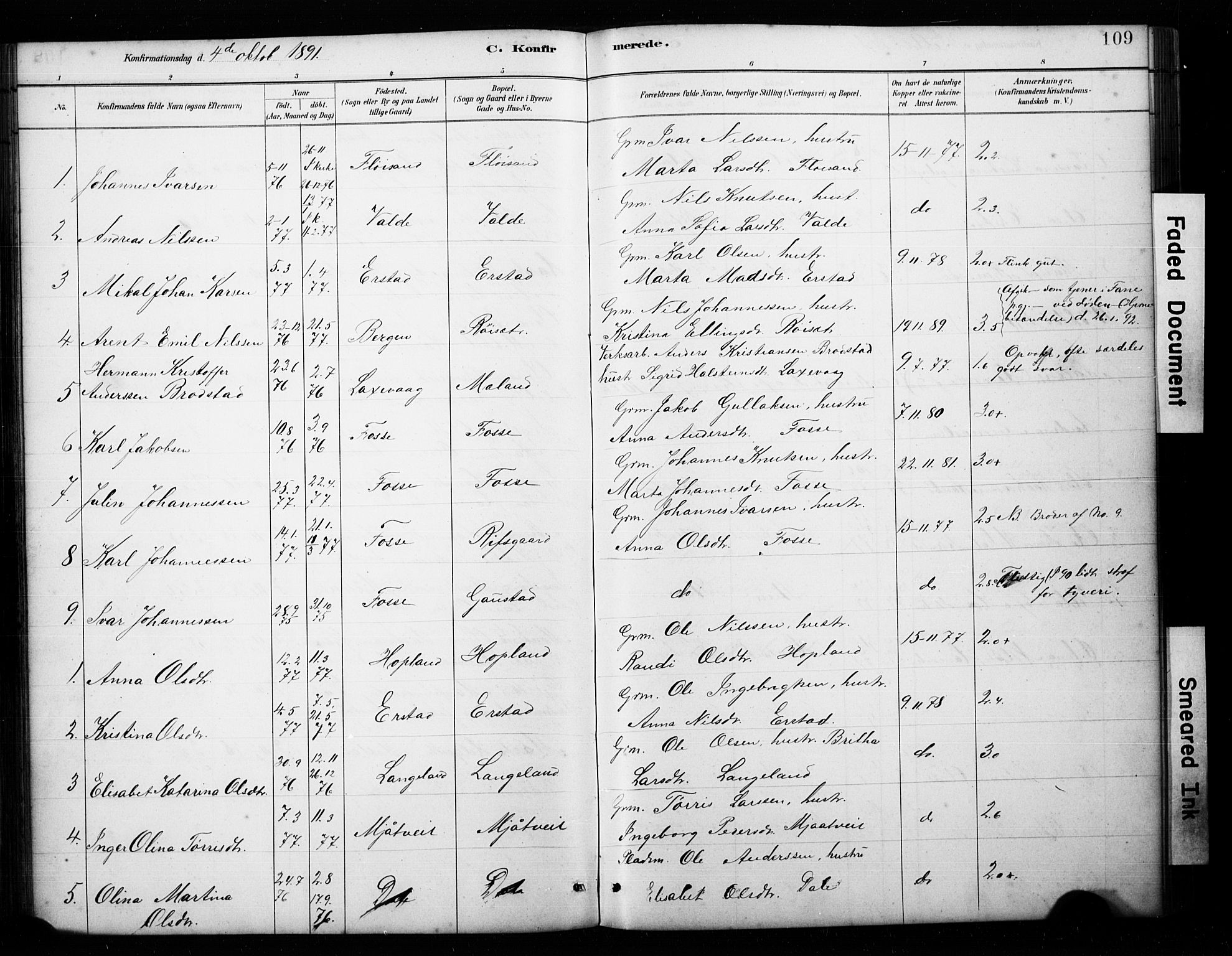 Alversund Sokneprestembete, SAB/A-73901/H/Ha/Hab: Parish register (copy) no. C 3, 1881-1894, p. 109