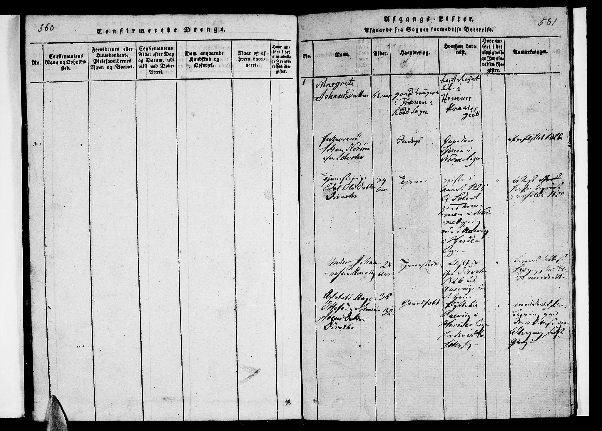 Ministerialprotokoller, klokkerbøker og fødselsregistre - Nordland, SAT/A-1459/840/L0581: Parish register (copy) no. 840C01, 1820-1873, p. 560-561