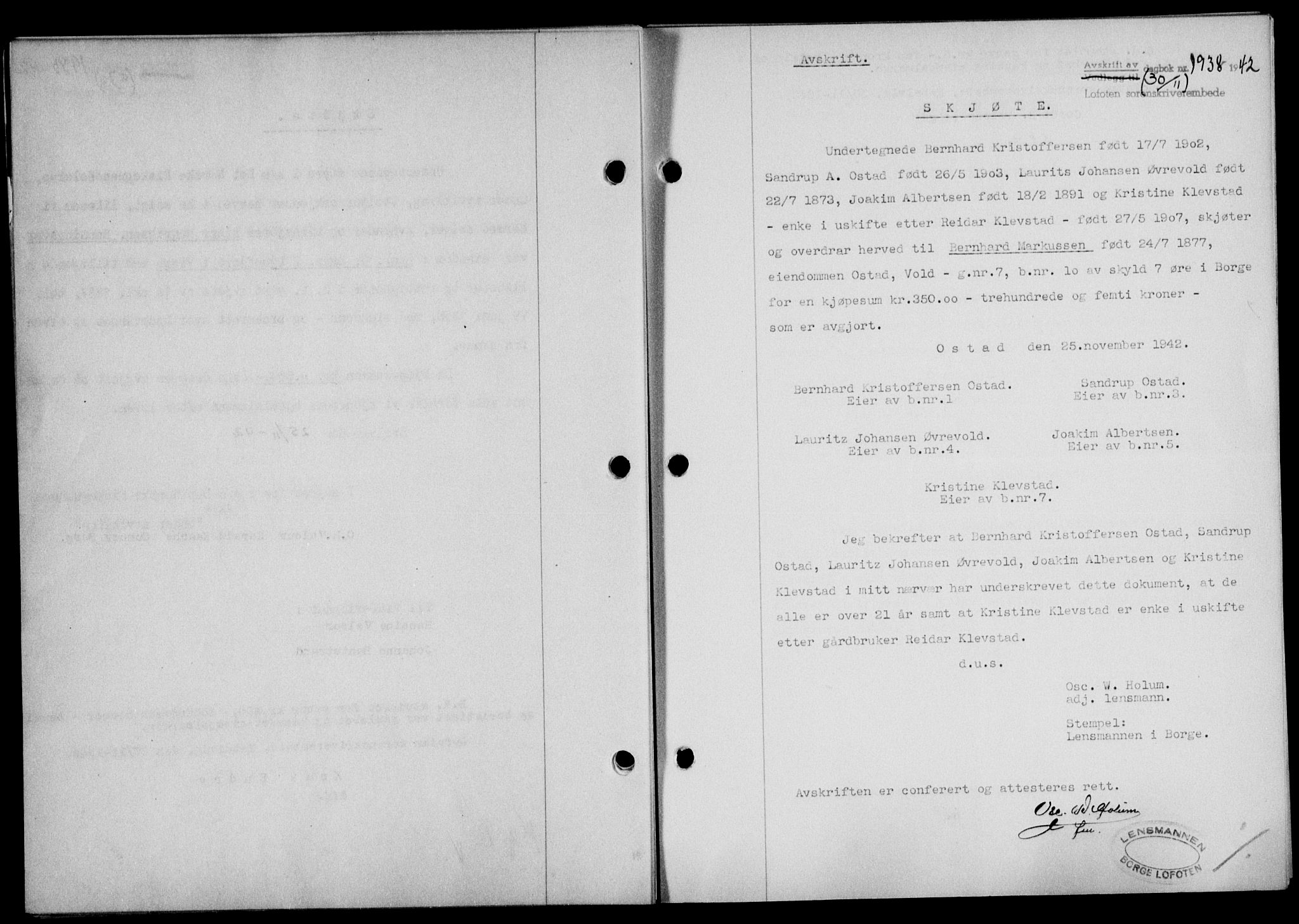Lofoten sorenskriveri, SAT/A-0017/1/2/2C/L0010a: Mortgage book no. 10a, 1942-1943, Diary no: : 1938/1942