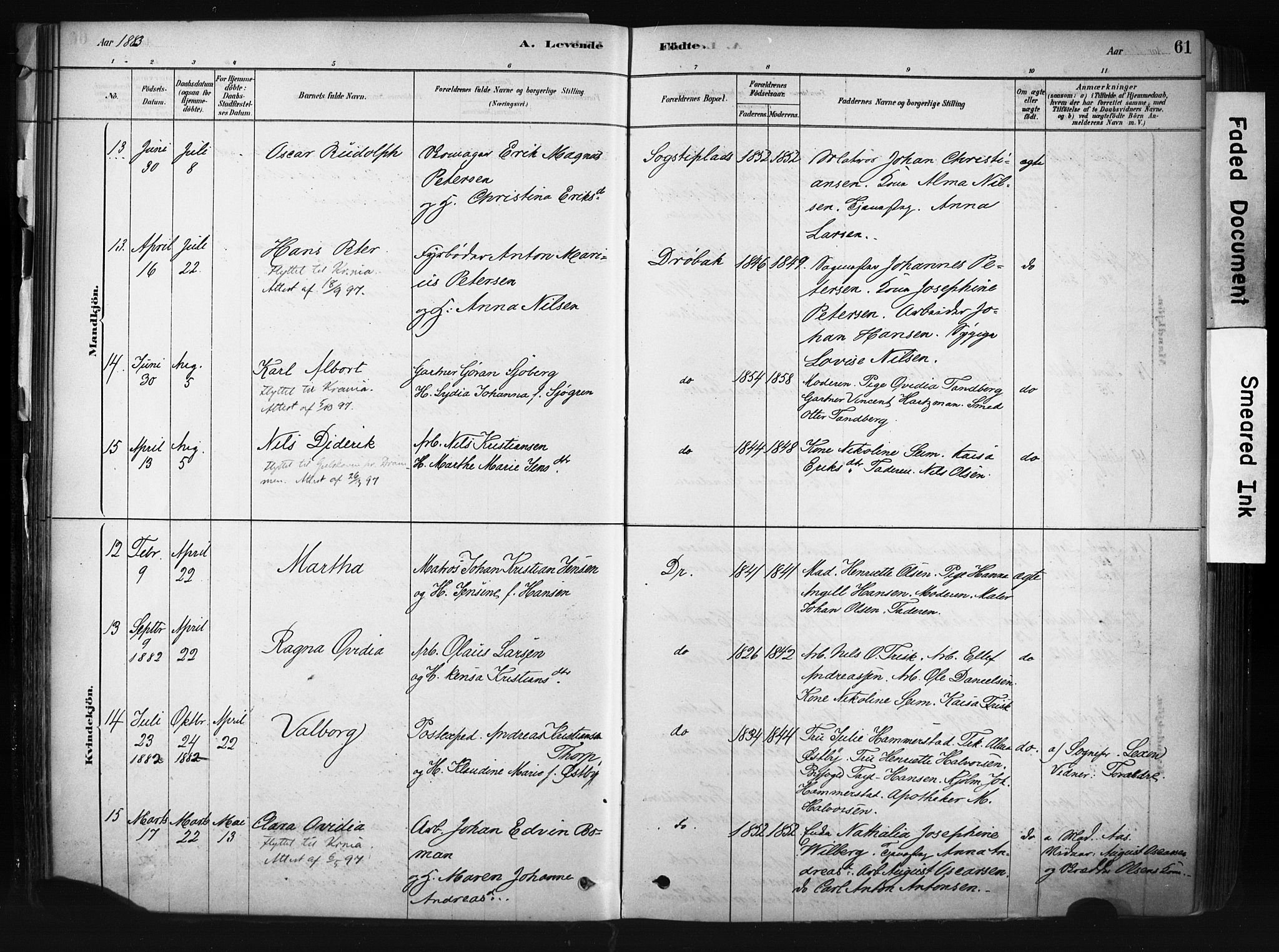 Drøbak prestekontor Kirkebøker, AV/SAO-A-10142a/F/Fb/L0001: Parish register (official) no. II 1, 1878-1891, p. 61
