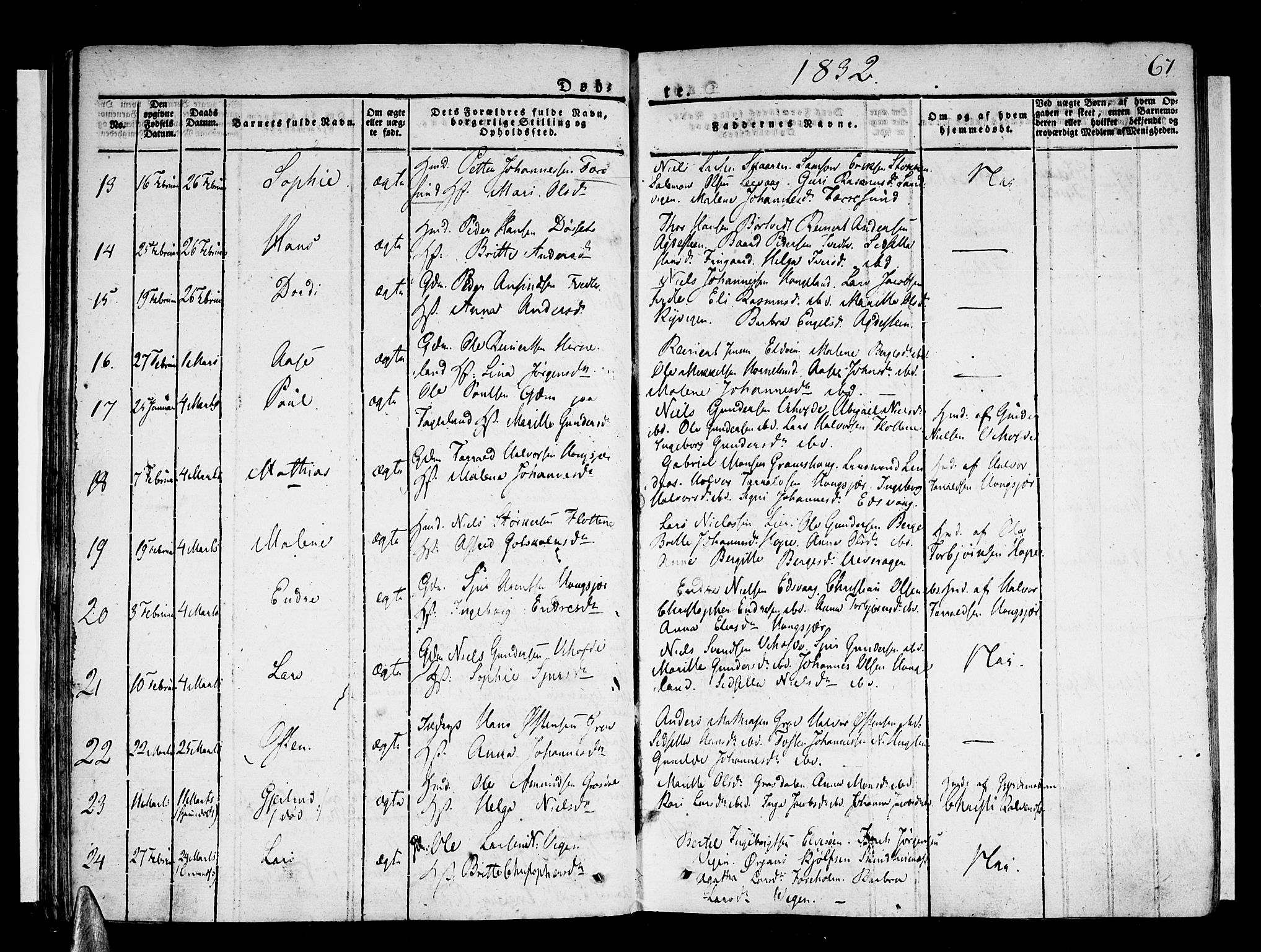 Stord sokneprestembete, AV/SAB-A-78201/H/Haa: Parish register (official) no. A 6, 1826-1840, p. 67