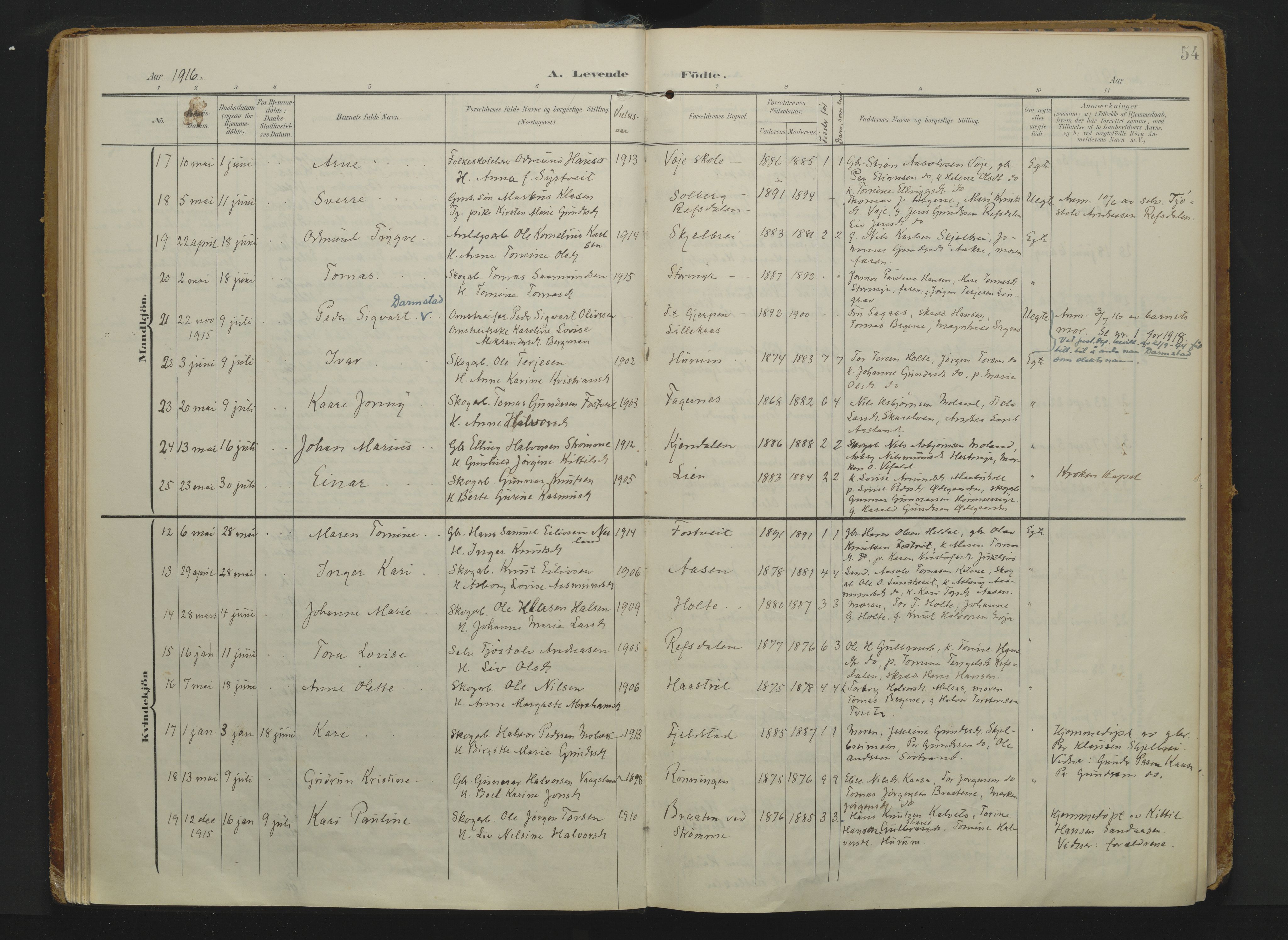 Drangedal kirkebøker, AV/SAKO-A-258/F/Fa/L0014: Parish register (official) no. 14, 1906-1920, p. 54