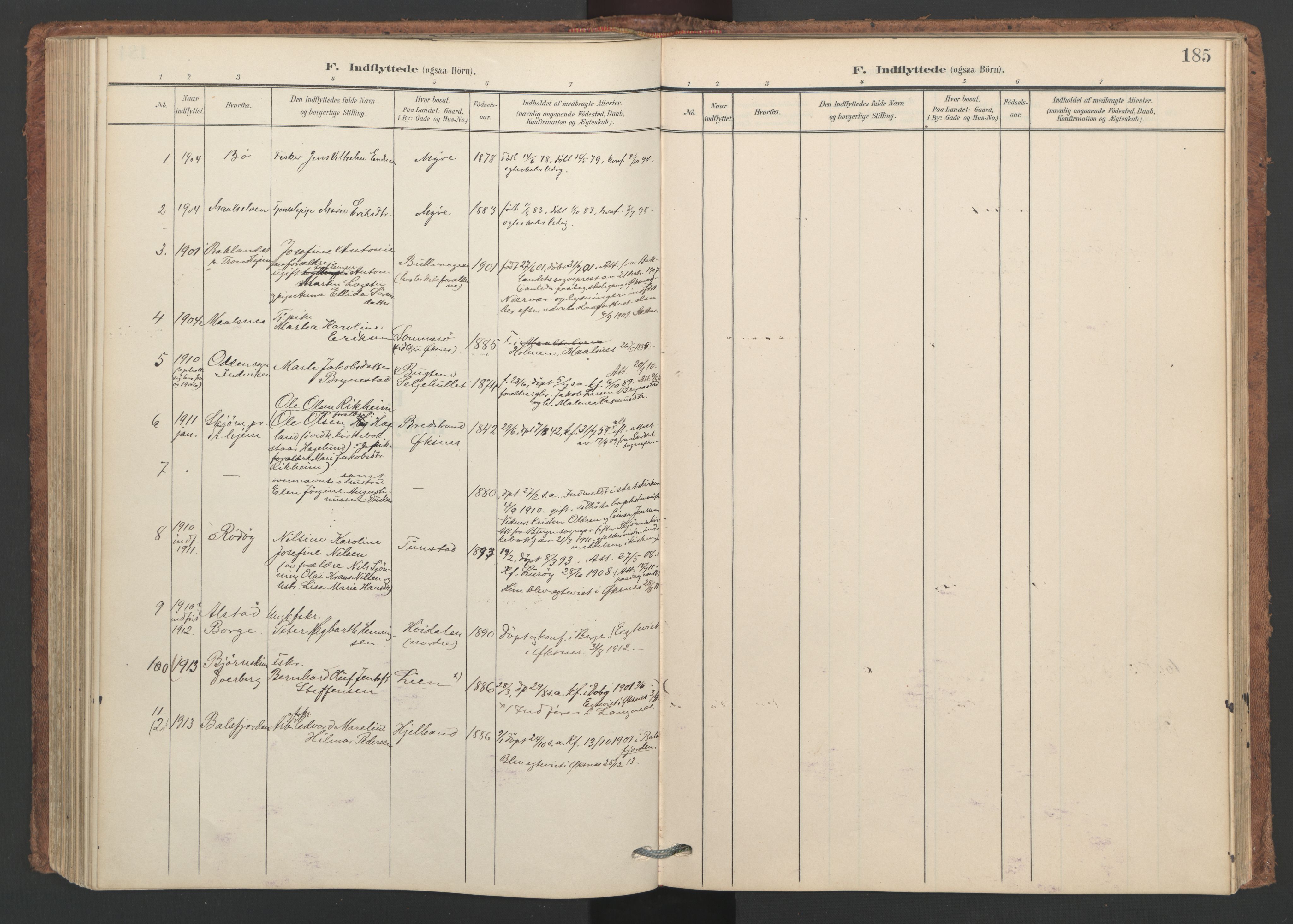Ministerialprotokoller, klokkerbøker og fødselsregistre - Nordland, SAT/A-1459/893/L1339: Parish register (official) no. 893A11, 1904-1914, p. 185