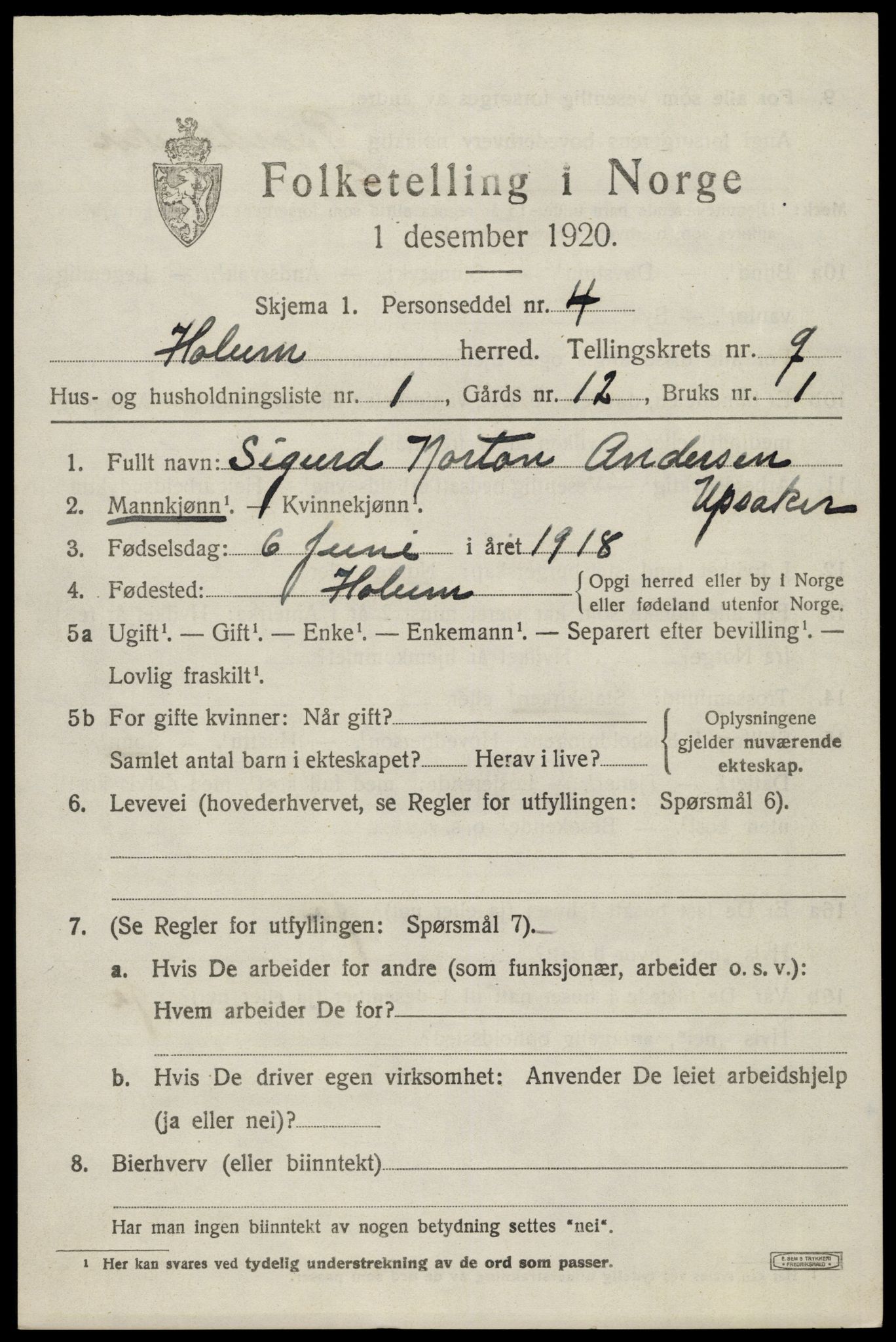 SAK, 1920 census for Holum, 1920, p. 2649