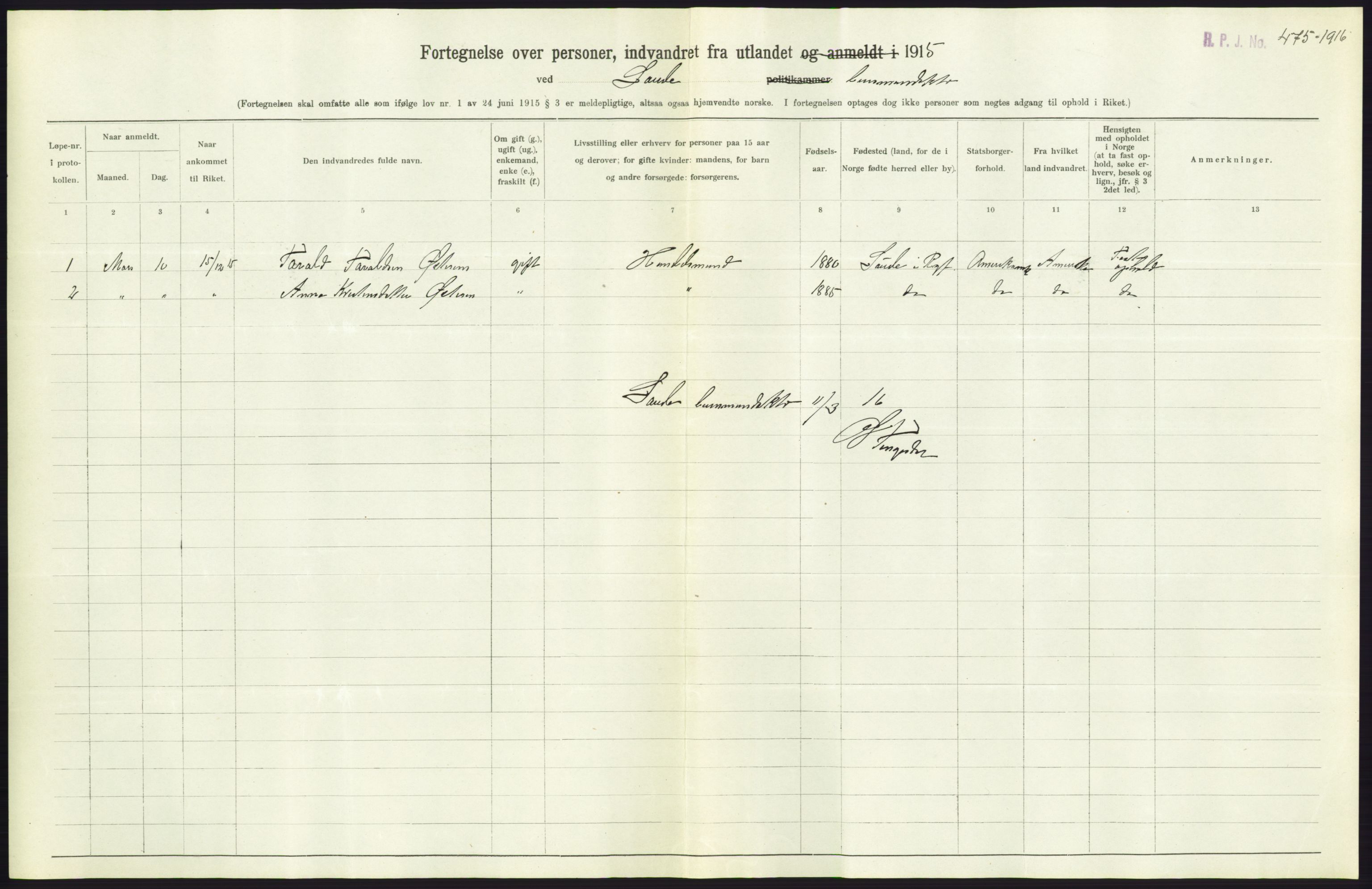 Statistisk sentralbyrå, Sosioøkonomiske emner, Folketellinger, boliger og boforhold, AV/RA-S-2231/F/Fa/L0001: Innvandring. Navn/fylkesvis, 1915, p. 394