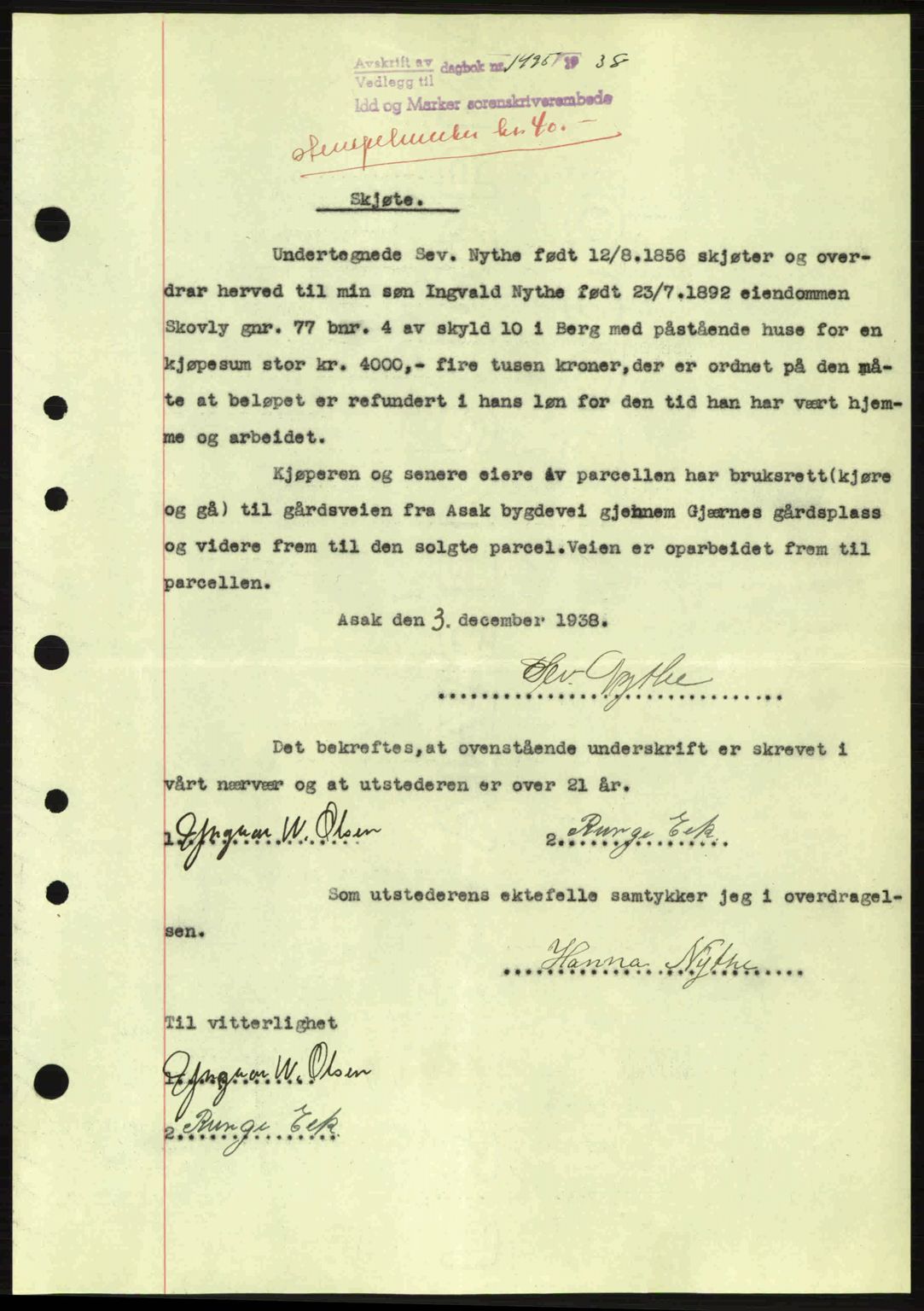 Idd og Marker sorenskriveri, AV/SAO-A-10283/G/Gb/Gbb/L0003: Mortgage book no. A3, 1938-1939, Diary no: : 1496/1938