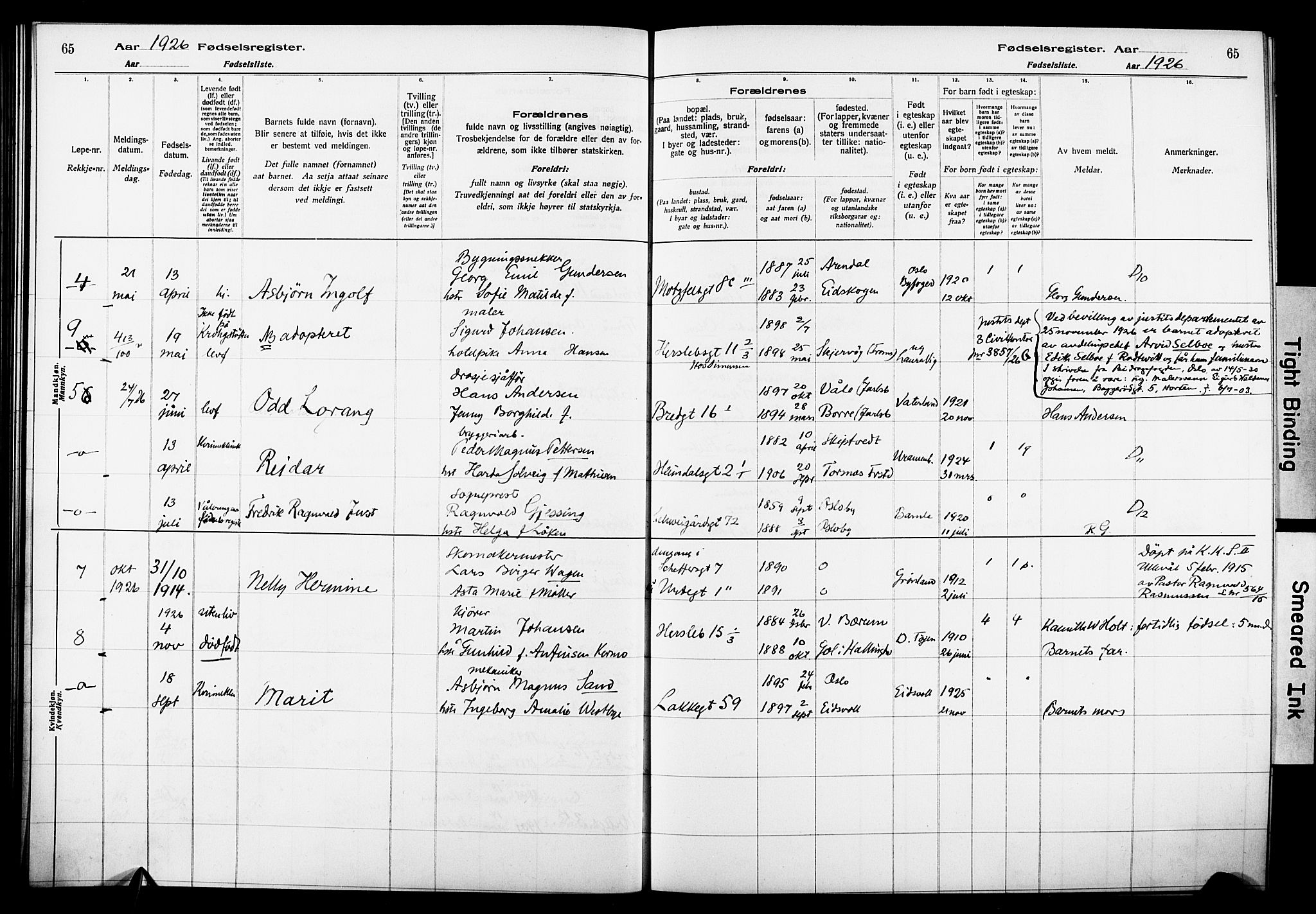 Wexel prestekontor Kirkebøker, AV/SAO-A-10879/J/L0001: Birth register no. 1, 1916-1930, p. 65