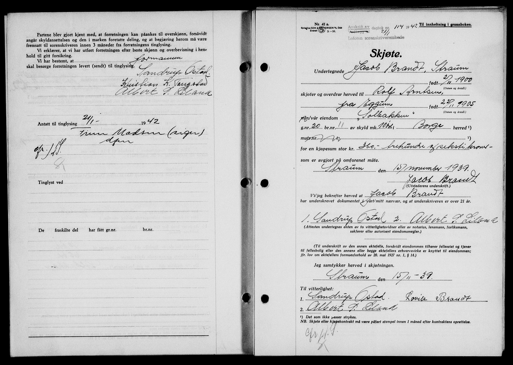 Lofoten sorenskriveri, SAT/A-0017/1/2/2C/L0009a: Mortgage book no. 9a, 1941-1942, Diary no: : 114/1942