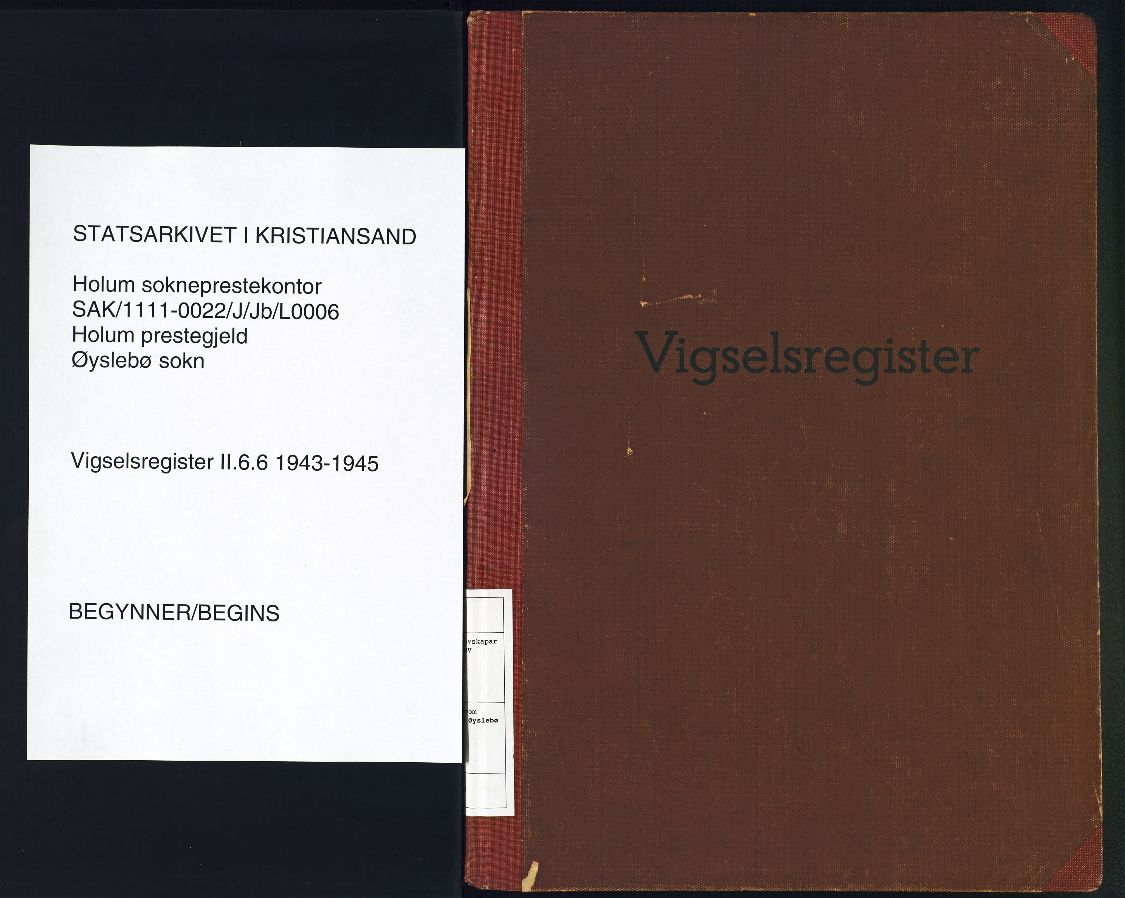 Holum sokneprestkontor, SAK/1111-0022/J/Jb/L0006: Marriage register no. II.6.6, 1943-1945