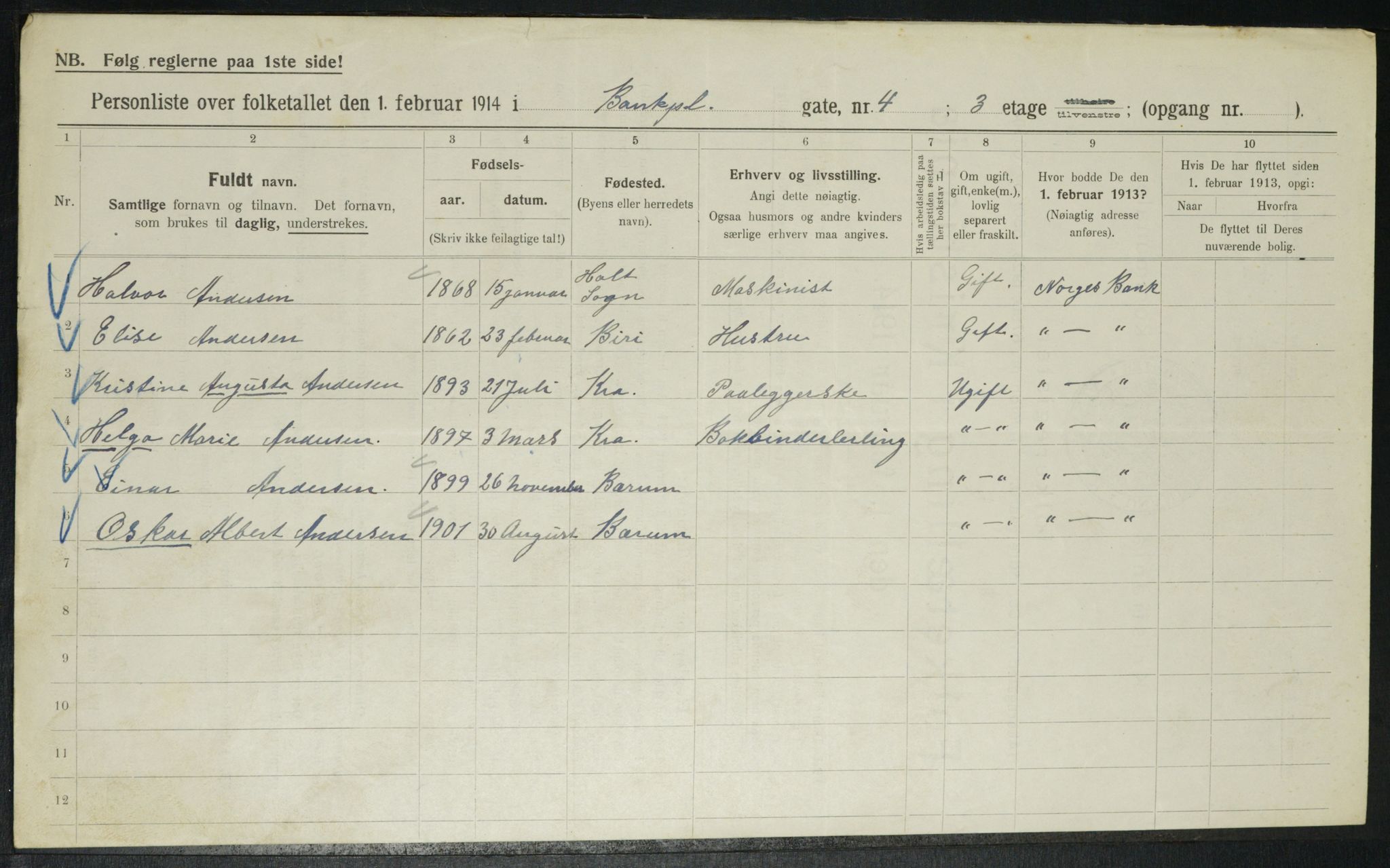 OBA, Municipal Census 1914 for Kristiania, 1914, p. 3365