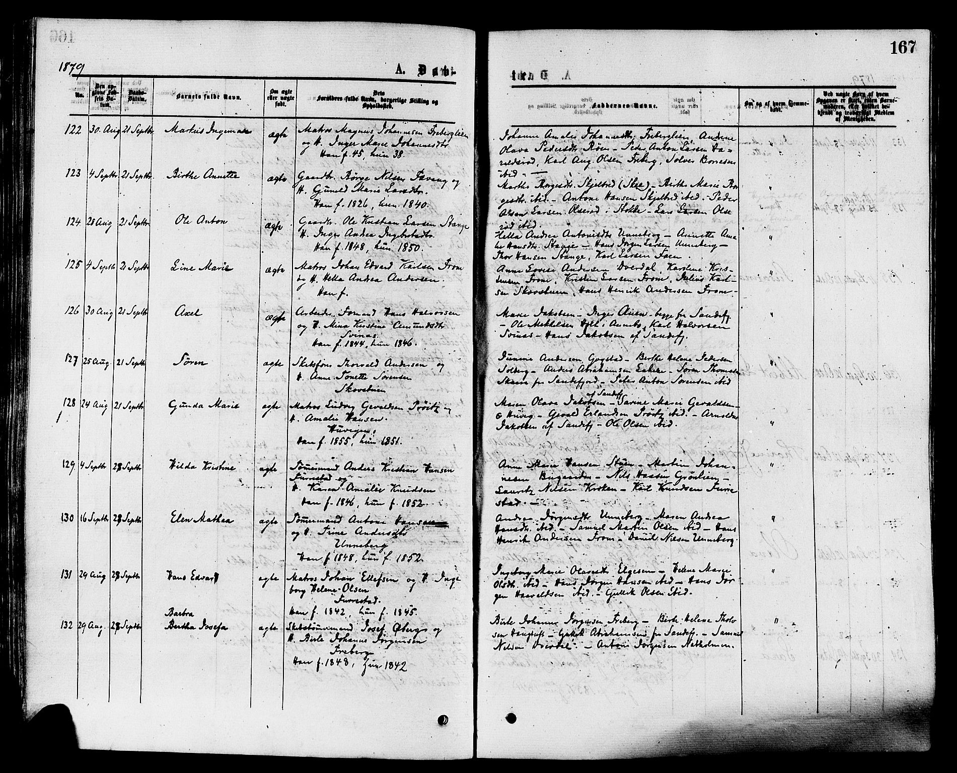 Sandar kirkebøker, SAKO/A-243/F/Fa/L0010: Parish register (official) no. 10, 1872-1882, p. 167