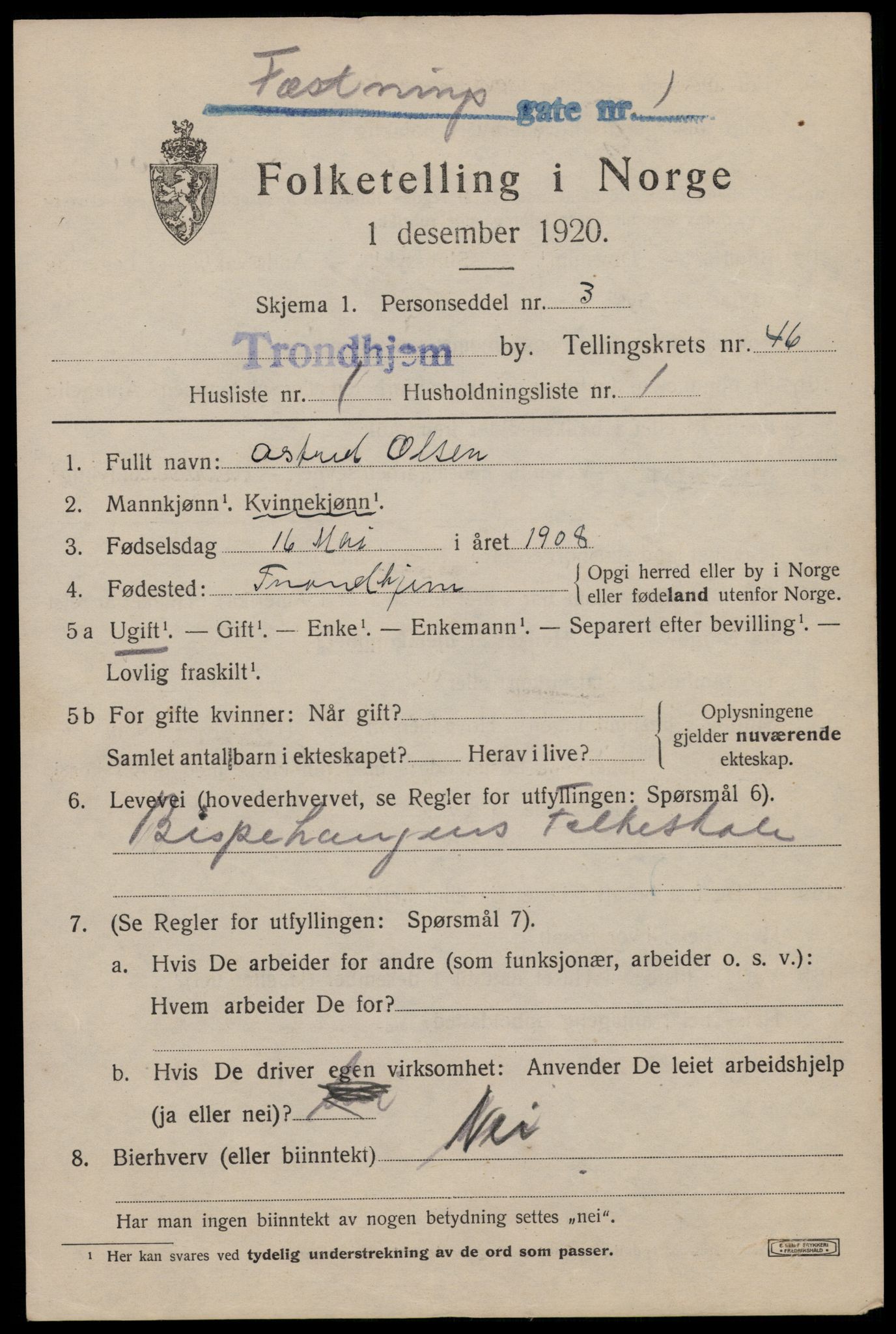 SAT, 1920 census for Trondheim, 1920, p. 97608