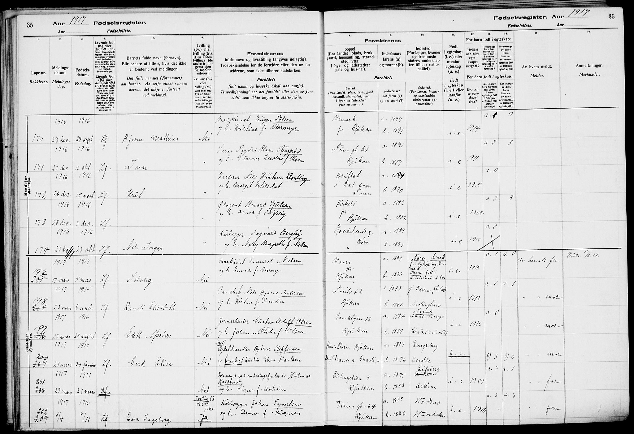 Rjukan kirkebøker, AV/SAKO-A-294/J/Ja/L0001: Birth register no. 1, 1916-1922, p. 35