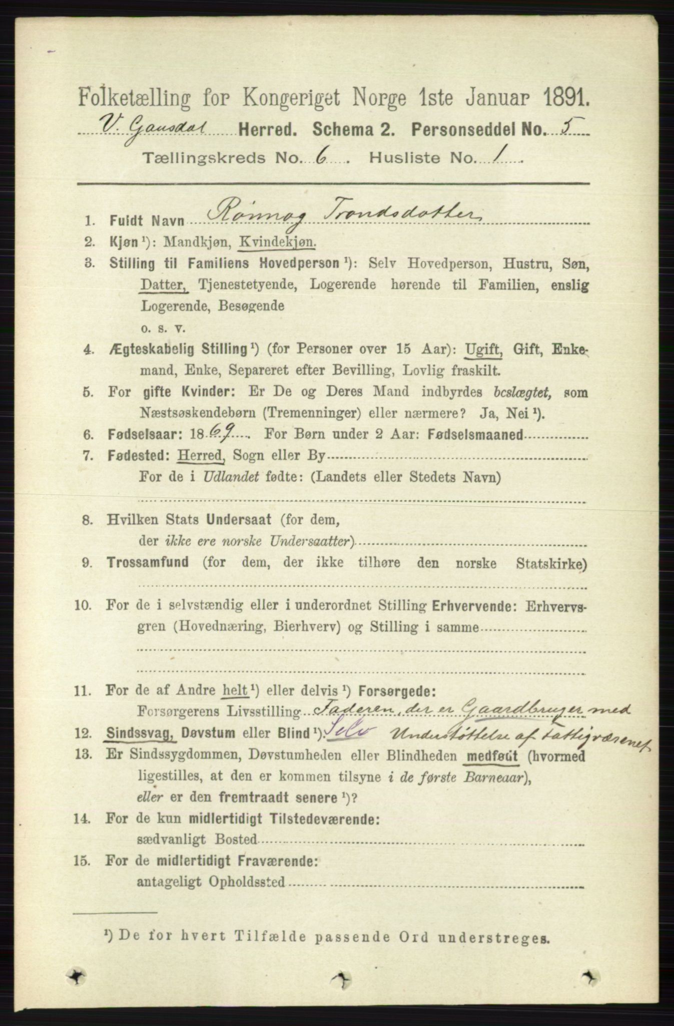 RA, 1891 census for 0523 Vestre Gausdal, 1891, p. 2558