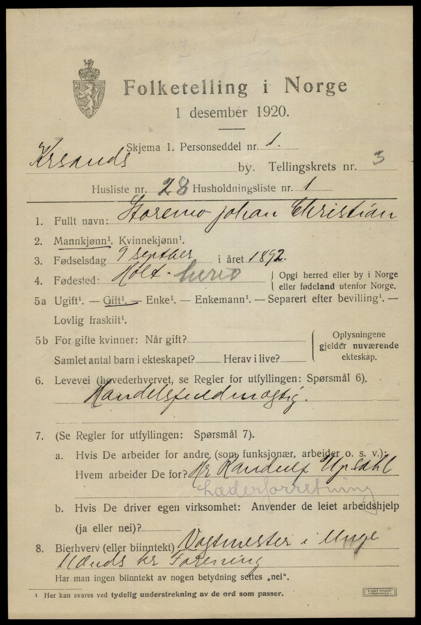 SAK, 1920 census for Kristiansand, 1920, p. 14367