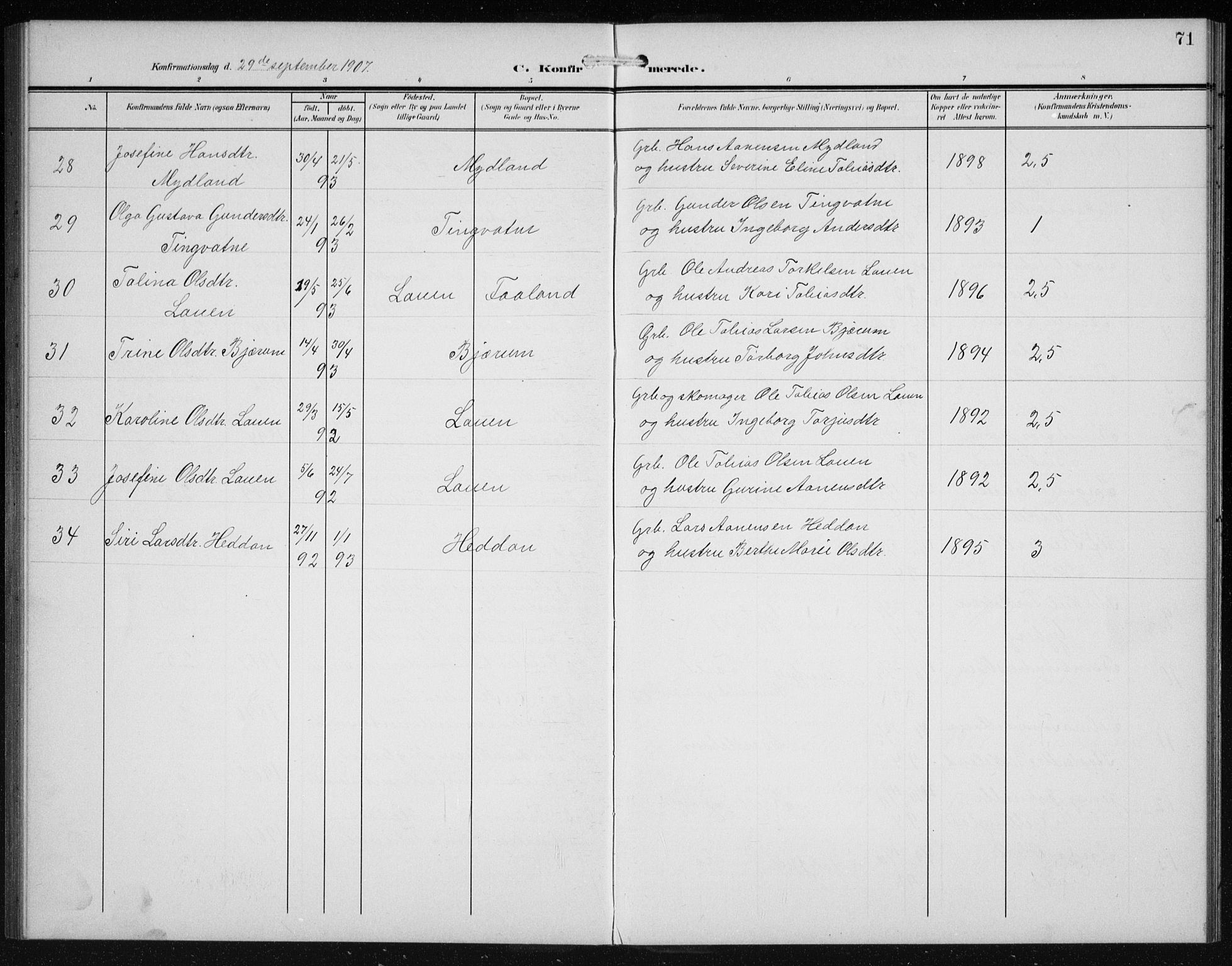 Hægebostad sokneprestkontor, SAK/1111-0024/F/Fb/Fba/L0005: Parish register (copy) no. B 5, 1907-1931, p. 71