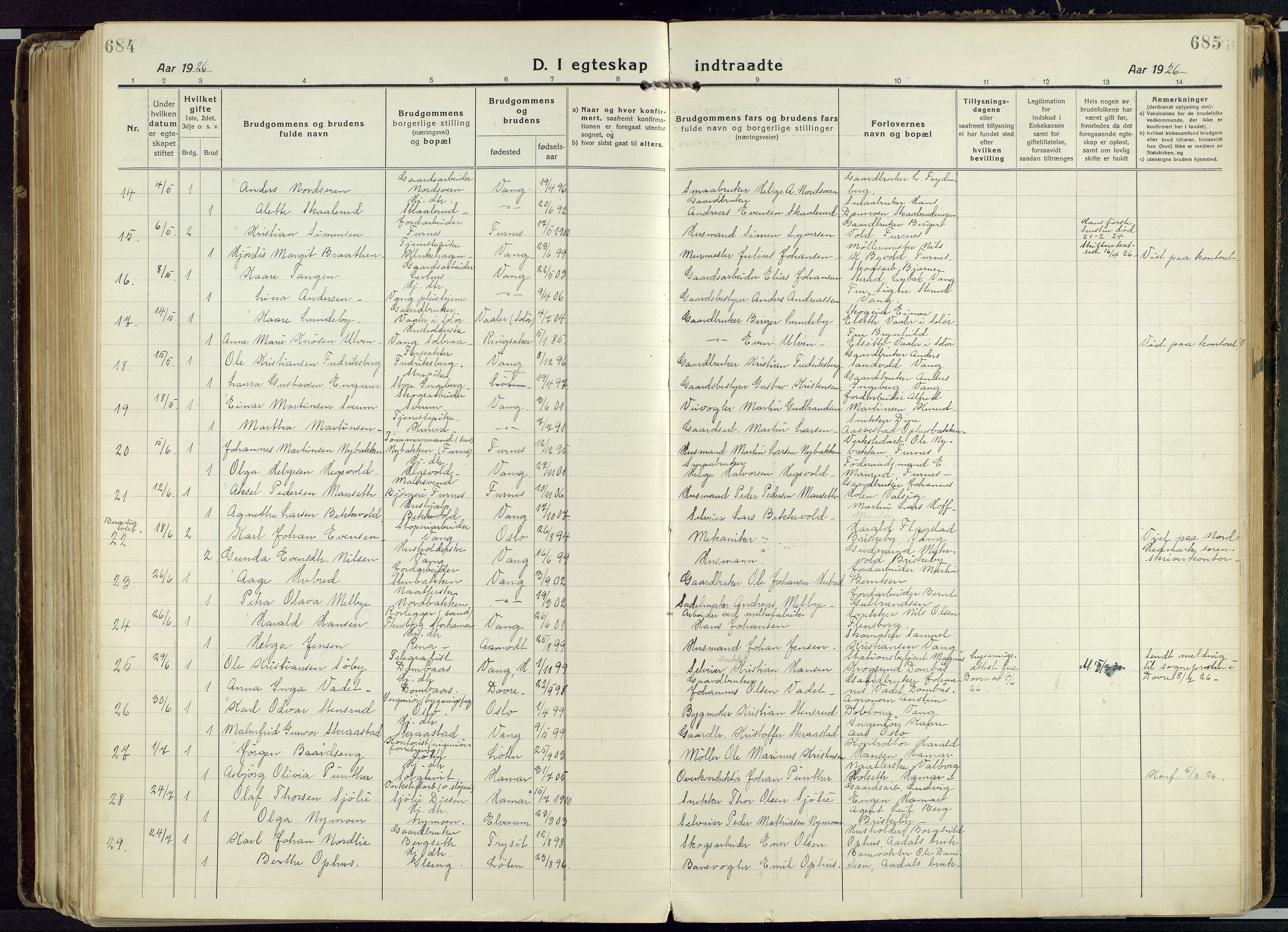 Vang prestekontor, Hedmark, SAH/PREST-008/H/Ha/Haa/L0022: Parish register (official) no. 22, 1918-1944, p. 684-685