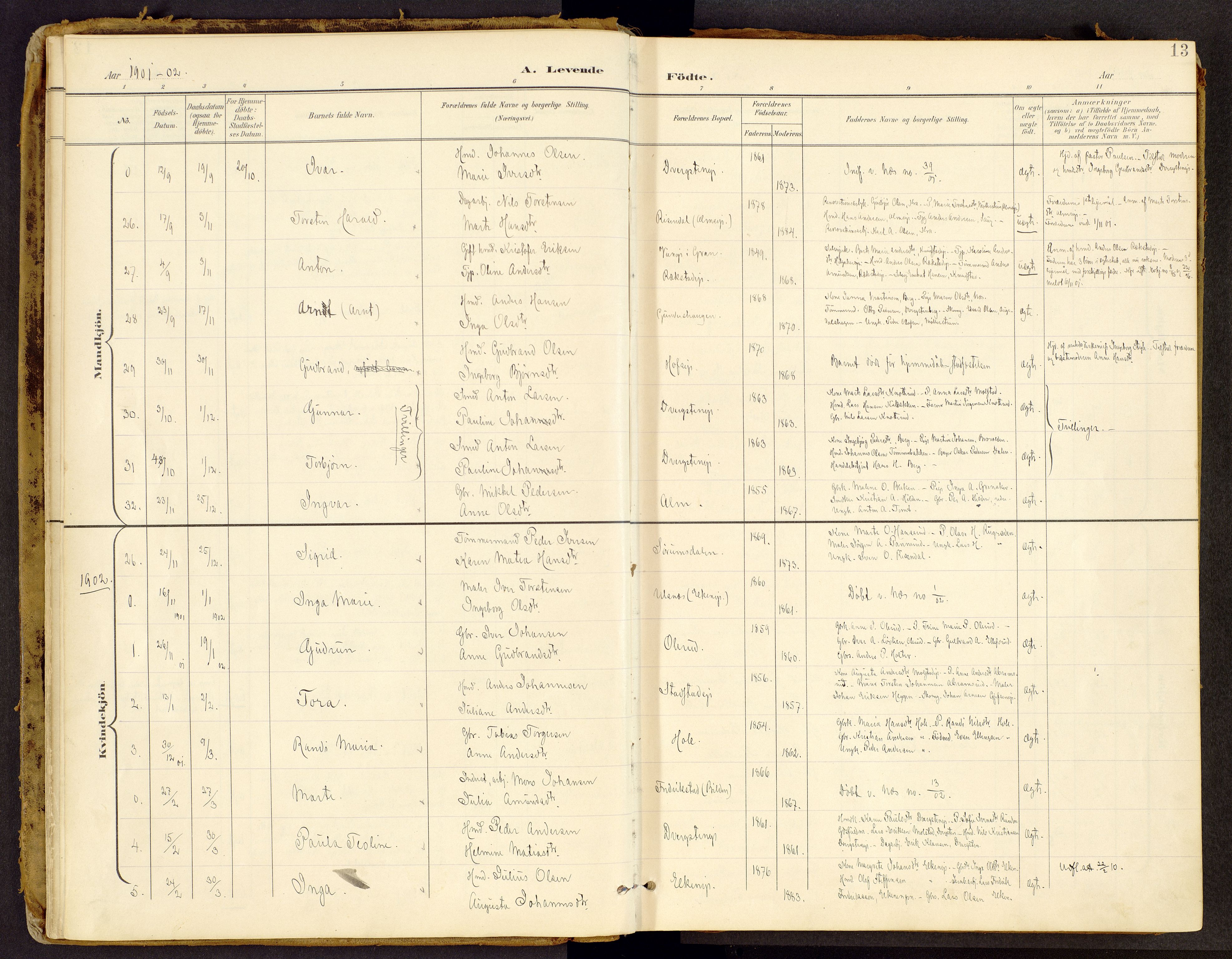Brandbu prestekontor, SAH/PREST-114/H/Ha/Haa/L0002: Parish register (official) no. 2, 1899-1914, p. 13
