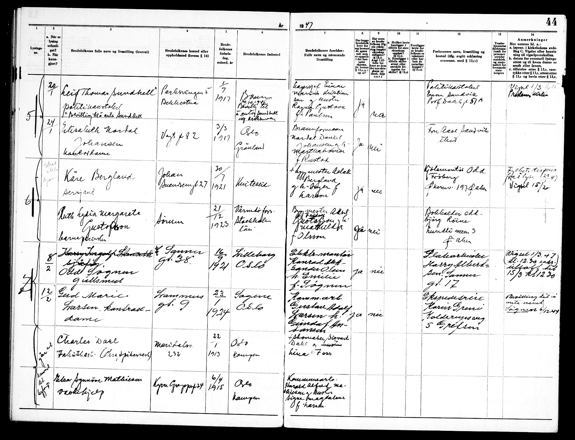 Torshov prestekontor Kirkebøker, AV/SAO-A-10238a/H/Ha/L0003: Banns register no. 3, 1945-1948, p. 44