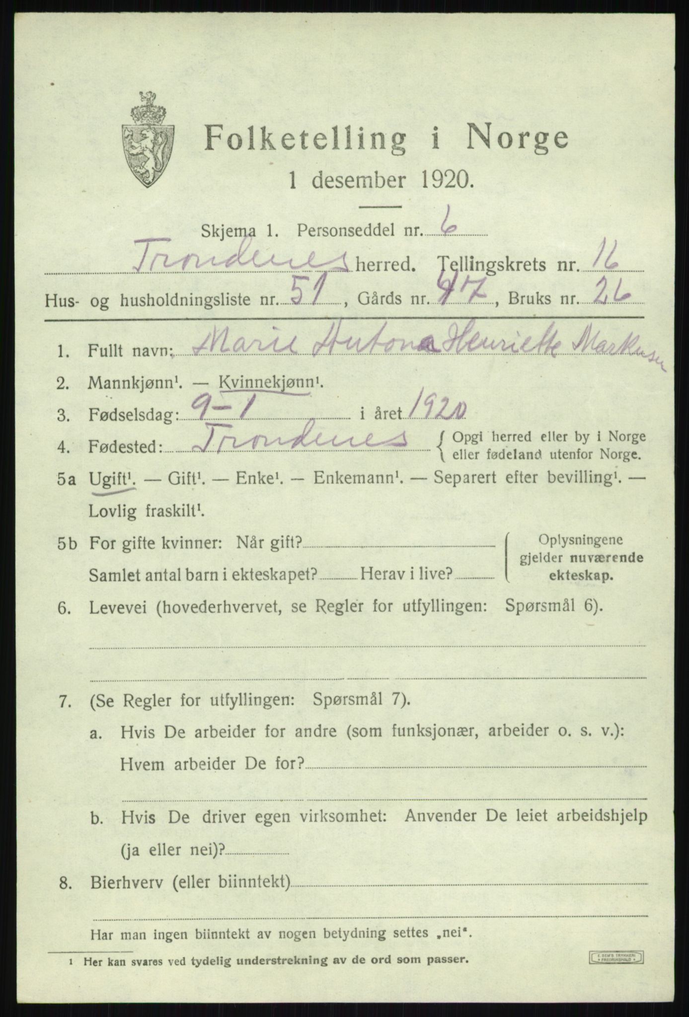 SATØ, 1920 census for Trondenes, 1920, p. 11825