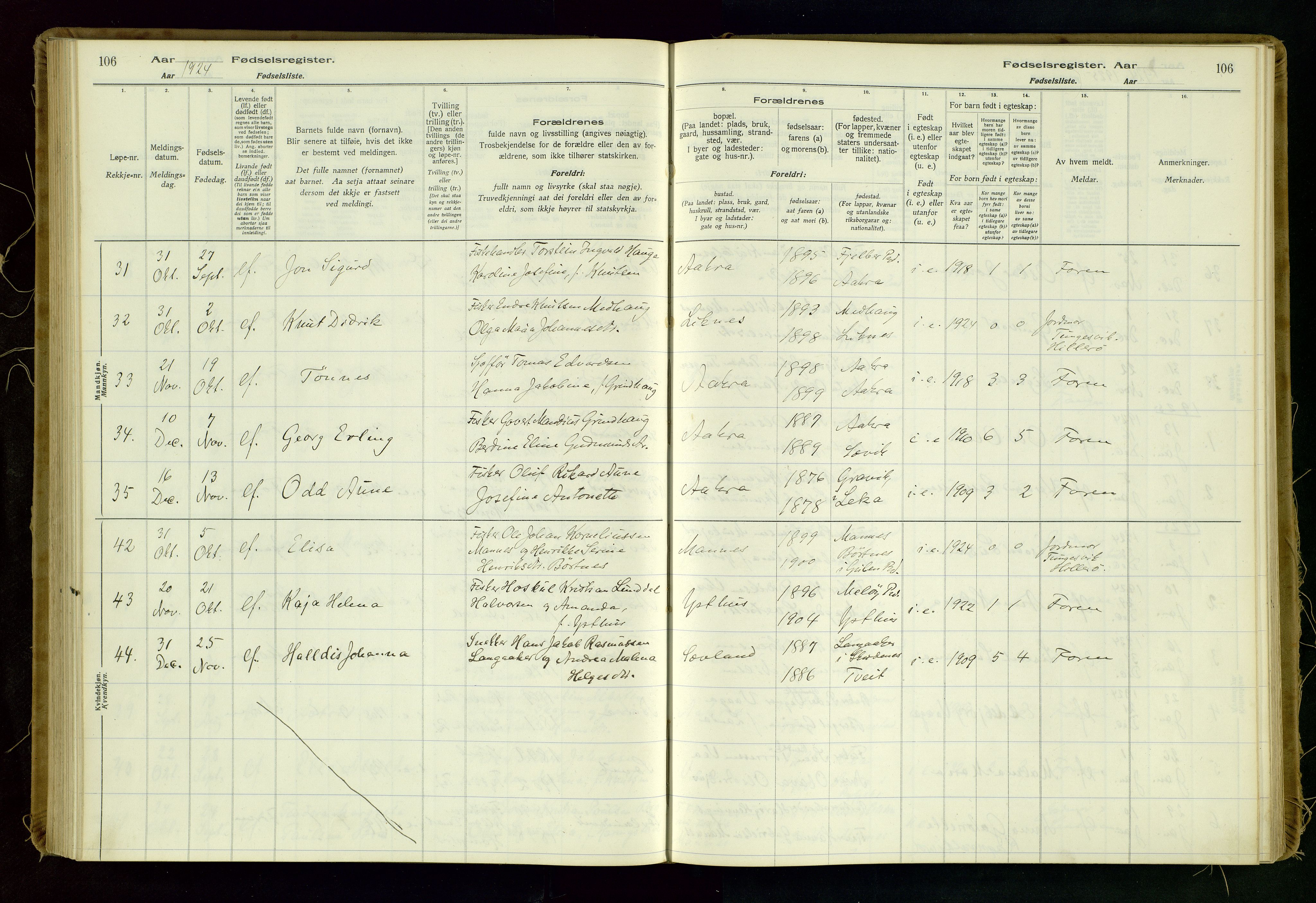 Kopervik sokneprestkontor, AV/SAST-A-101850/I/Id/L0006: Birth register no. 6, 1916-1934, p. 106