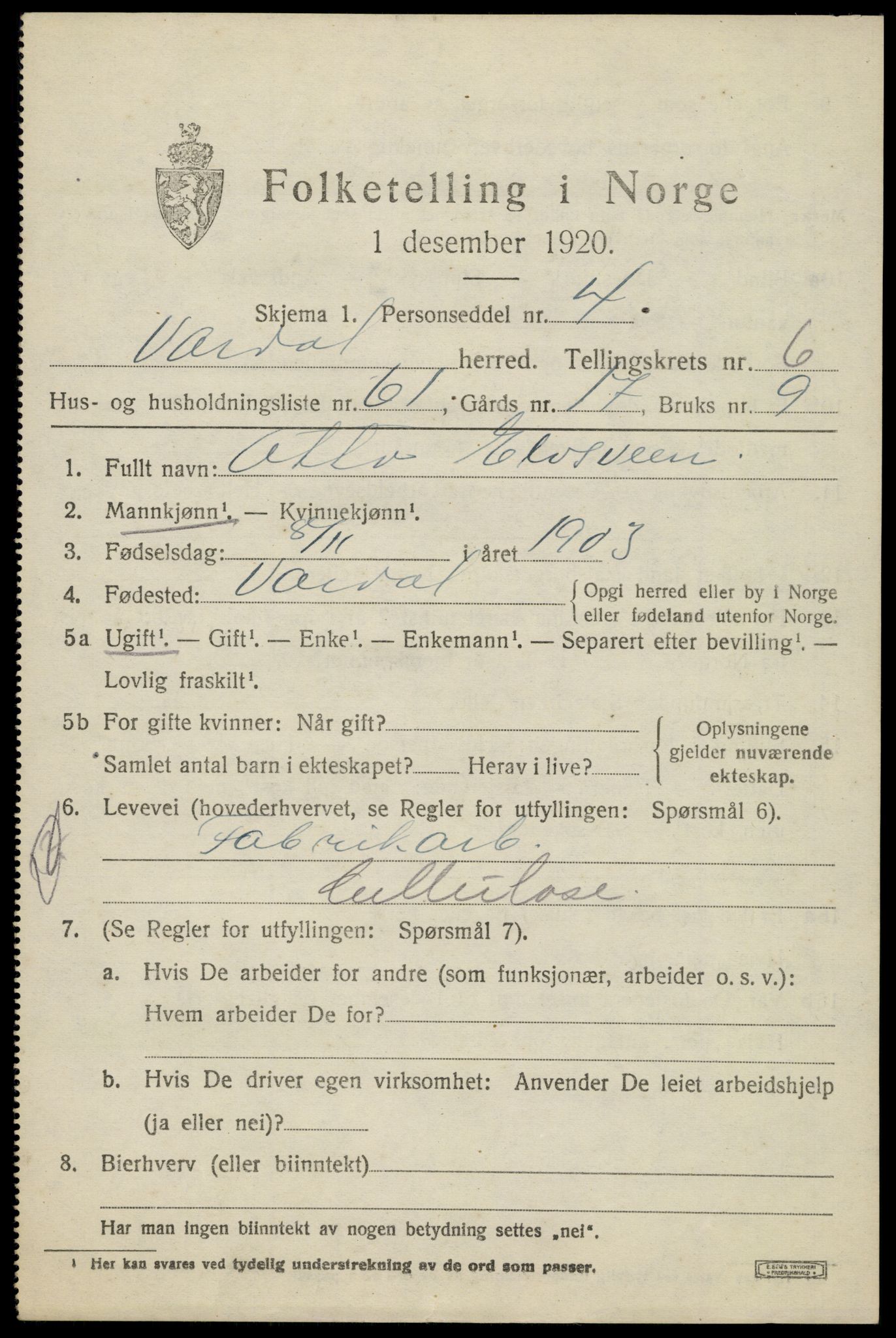 SAH, 1920 census for Vardal, 1920, p. 4573