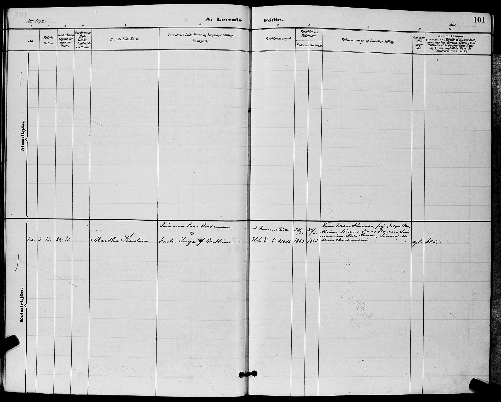 Tønsberg kirkebøker, SAKO/A-330/G/Ga/L0006: Parish register (copy) no. 6, 1885-1895, p. 101
