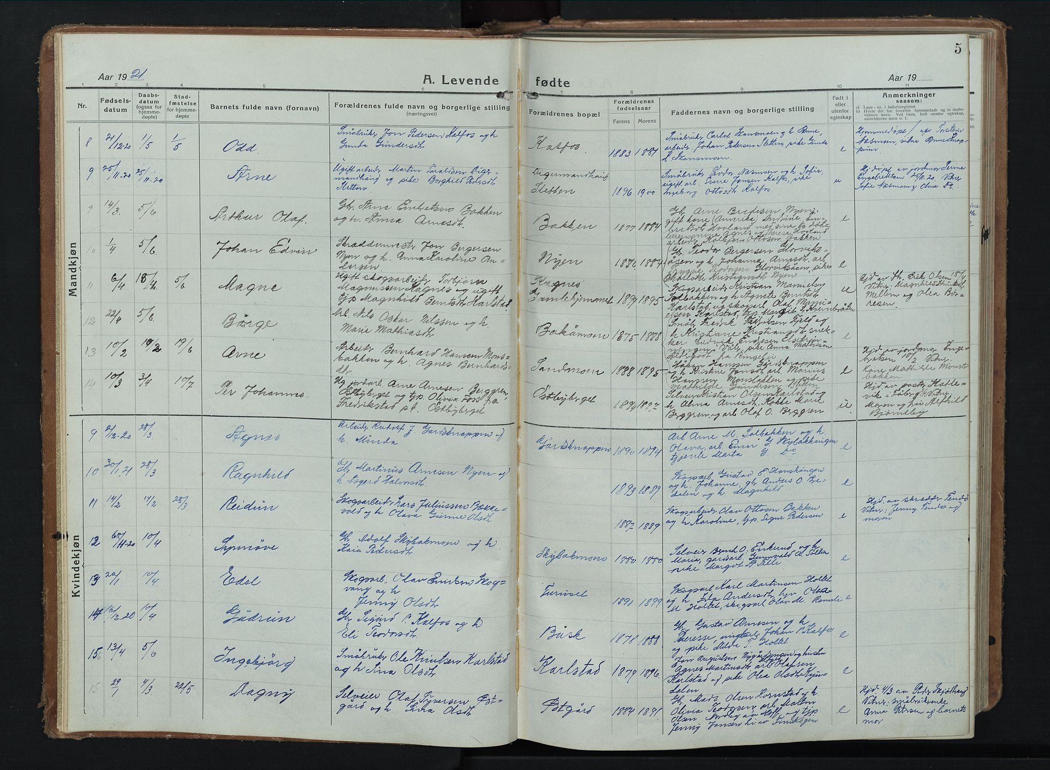 Åsnes prestekontor, AV/SAH-PREST-042/H/Ha/Hab/L0012: Parish register (copy) no. 12, 1921-1942, p. 5